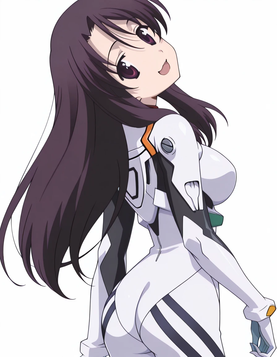 masterpiece, best quality, amazing quality,, <lora:kotonoha-katsura-s1-illustriousxl-lora-nochekaiser:1>, kotonoha katsura, katsura kotonoha, purple eyes, black hair, long hair, mature female, breasts, anime screencap, <lora:rei-ayanami-cosplay-illustriousxl-lora-nochekaiser:1>, rei ayanami cosplay, ayanami rei (cosplay), bodysuit, headgear, plugsuit, white bodysuit,, <lora:shaft-look-illustriousxl-lora-nochekaiser:1>, shaft look, looking back, from behind, head tilt, cowboy shot, smile,, :3, open mouth, <lora:transparent-background-illustriousxl-lora-nochekaiser:1>, transparent background, simple background, white background, ,