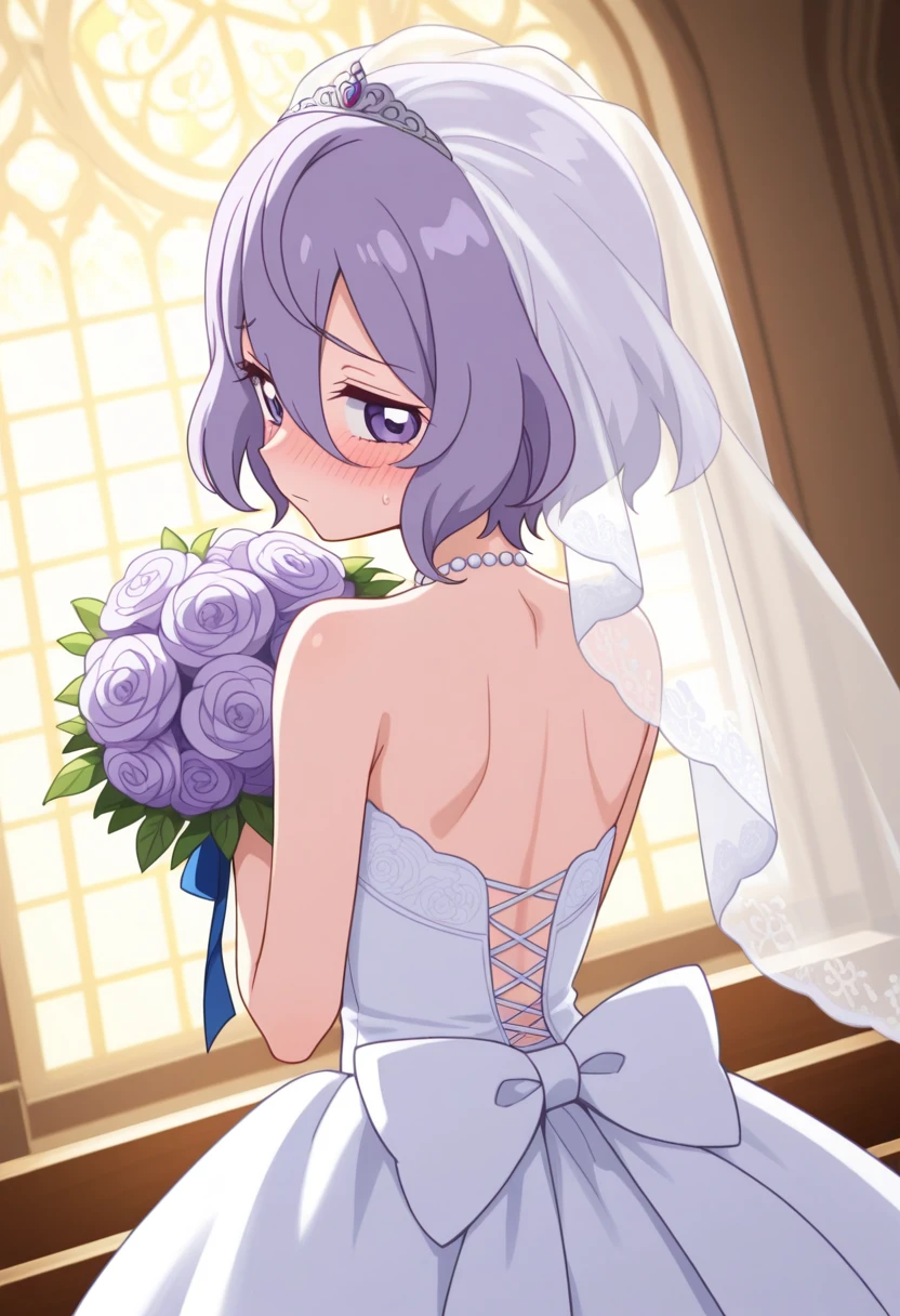 <lora:javelin_v2.0:0.8>, javelin\(azur lane\), \(blissful_purity\), wedding dress, 1girl, solo, jewelry, church,:d, looking at viewer,from behind,, masterpiece, best quality,