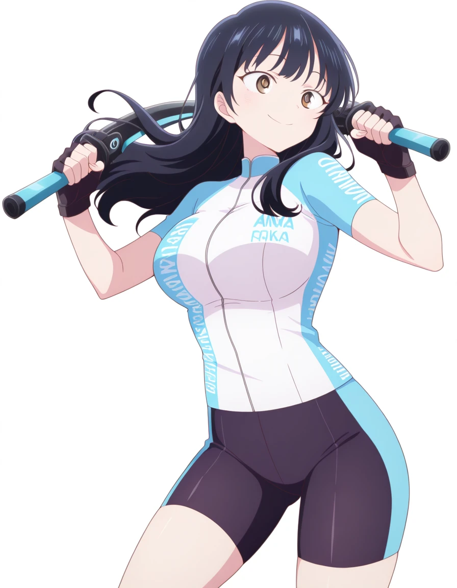 masterpiece, best quality, amazing quality,, <lora:anna-yamada-s2-illustriousxl-lora-nochekaiser:1>, anna yamada, long hair, bangs, black hair, brown eyes, mature female, breasts, anime screencap, <lora:cycling-uniform-illustriousxl-lora-nochekaiser:1>, cycling uniform, bike jersey, bike shorts, biker clothes, fingerless gloves, gloves, short sleeves,, <lora:dynamic-pose-illustriousxl-lora-nochekaiser:1>, dynamic pose, holding weapon, weapon, holding, dual wielding, cowboy shot, smile, , <lora:transparent-background-illustriousxl-lora-nochekaiser:1>, transparent background, simple background, white background, ,