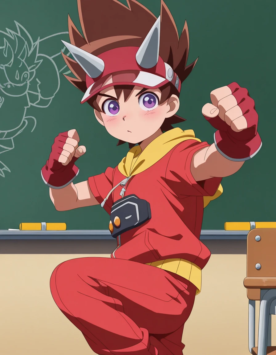 masterpiece, best quality, amazing quality,, <lora:max-taylor-anime-illustriousxl-lora-nochekaiser:1>, max taylor, brown hair, male focus, spiked hair, purple eyes, anime screencap, shirt, gloves, hat, pants, fingerless gloves, red headwear, red gloves, horns, hood, hoodie,, <lora:crane-stance-illustriousxl-lora-nochekaiser:1>, crane stance, fighting stance, closed mouth, leg up, standing, standing on one leg, looking to the side, hands up, open mouth, blush, solo, classroom, chalkboard, daytime, studying, sitting, chair, desk, cowboy shot, solo, looking at viewer,