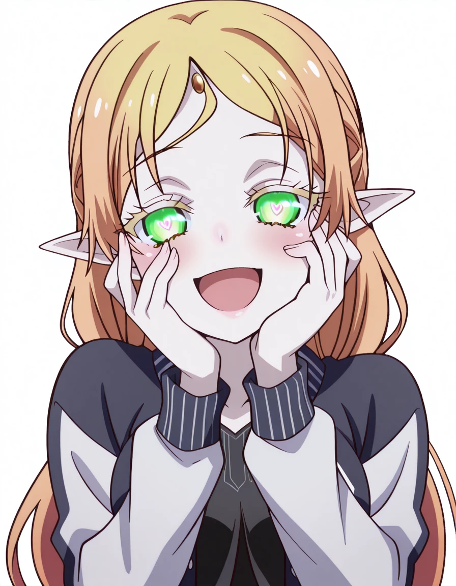 masterpiece, best quality, amazing quality,, <lora:tsundere-elf-s1-illustriousxl-lora-nochekaiser:1>, tsundere elf, long hair, blonde hair, green eyes, pointy ears, elf, multicolored hair, forehead jewel, mature female, small breasts, anime screencap,, <lora:letterman-jacket-illustriousxl-lora-nochekaiser:1>, letterman jacket, jacket, open jacket, <lora:yandere-trance-illustriousxl-lora-nochekaiser:1>, yandere trance, yandere, hands on own cheeks, hands on own face, crazy eyes, crazy smile, crazy, heart-shaped pupils, glowing eyes, symbol-shaped pupils, hand on own face, open mouth, glowing, blush, looking at viewer,, half_closed_eyes, open mouth, <lora:transparent-background-illustriousxl-lora-nochekaiser:1>, transparent background, simple background, white background, ,