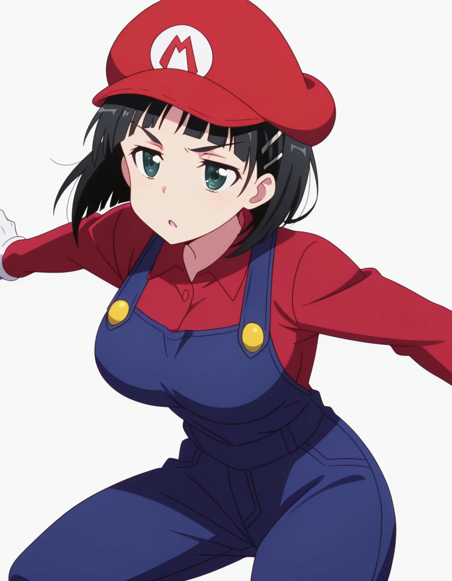 masterpiece, best quality, amazing quality,, <lora:suguha-kirigaya-s1-illustriousxl-lora-nochekaiser:1>, suguha kirigaya, short hair, black hair, hair ornament, hairclip, green eyes, mature female, breasts, anime screencap, <lora:mario-cosplay-illustriousxl-lora-nochekaiser:1>, mario cosplay, mario (cosplay), blue overalls, overalls, shirt, red shirt, long sleeves, collared shirt, hat, red hat,, <lora:dynamic-pose-illustriousxl-lora-nochekaiser:1>, dynamic pose, jumping, cowboy shot, jitome, , , ,