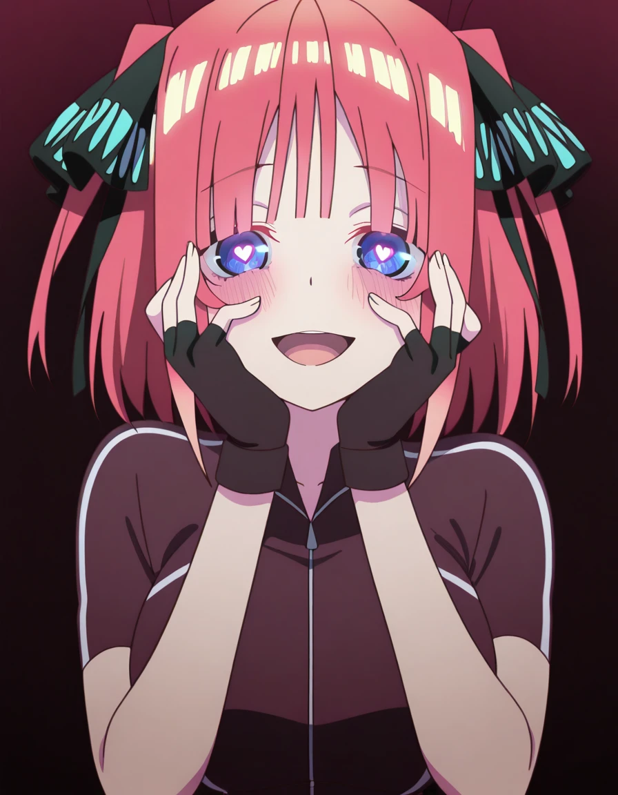 masterpiece, best quality, amazing quality,, <lora:nino-nakano-s2-illustriousxl-lora-nochekaiser:1>, nino nakano, short hair, bangs, blue eyes, hair ornament, hair ribbon, pink hair, blunt bangs, two side up, butterfly hair ornament, mature female, breasts, anime screencap, <lora:cycling-uniform-illustriousxl-lora-nochekaiser:1>, cycling uniform, bike jersey, bike shorts, biker clothes, fingerless gloves, gloves, short sleeves,, <lora:yandere-trance-illustriousxl-lora-nochekaiser:1>, yandere trance, yandere, hands on own cheeks, hands on own face, crazy eyes, crazy smile, crazy, heart-shaped pupils, glowing eyes, symbol-shaped pupils, hand on own face, open mouth, glowing, blush, looking at viewer,, heart_shaped_pupils, open mouth, , ,