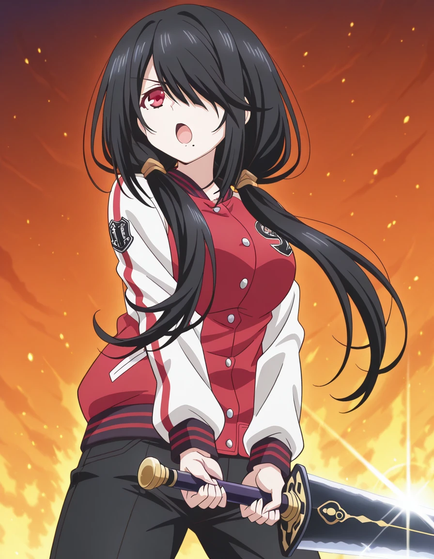 masterpiece, best quality, amazing quality,, <lora:kurumi-tokisaki-s2-illustriousxl-lora-nochekaiser:1>, kurumi tokisaki, black hair, red eyes, long hair, hair over one eye, twintails, low twintails, mature female, medium breasts, anime screencap, <lora:letterman-jacket-illustriousxl-lora-nochekaiser:1>, letterman jacket, jacket,, <lora:sunrise-stance-illustriousxl-lora-nochekaiser:1>, sunrise stance, weapon, sword, solo, open mouth, holding weapon, holding, holding sword,, mole_under_mouth, , , ,