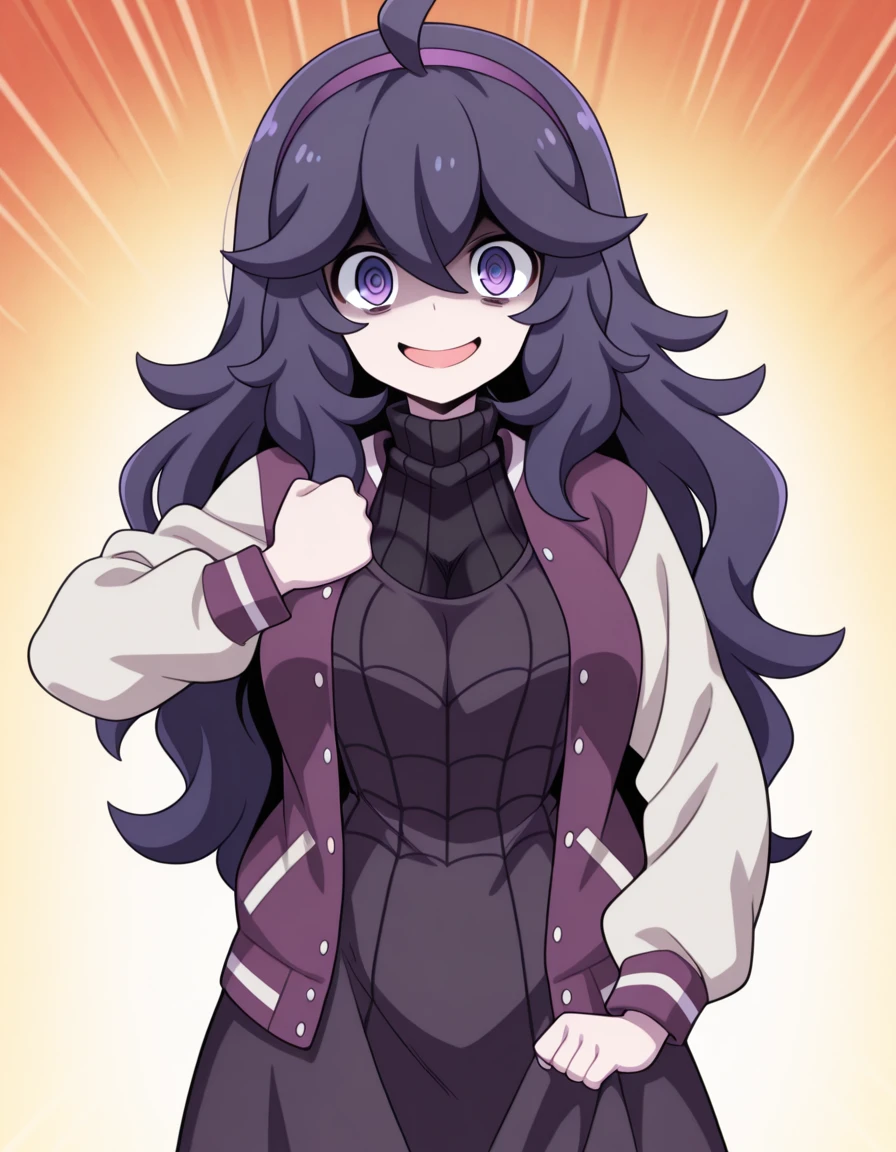 masterpiece, best quality, amazing quality,, <lora:hex-maniac-illustriousxl-lora-nochekaiser:1>, hex maniac, hairband, messy hair, purple eyes, purple hair, purple hairband, @ @, mature female, breasts, anime screencap,, <lora:letterman-jacket-illustriousxl-lora-nochekaiser:1>, letterman jacket, jacket,, <lora:giorno-giovannas-pose-illustriousxl-lora-nochekaiser:1>, giorno giovannas pose, giorno giovanna's pose (jojo), jojo pose, hand up, clenched hand, hand on waist, smile, looking at viewer, cowboy shot,, :o, , , ,