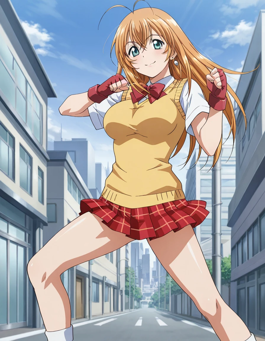 ((masterpiece,best quality, detailed)), 1girl, solo, outdoors, street, fighting stance, smile, open mouth, day, full body, standing, looking at viewer,
sonsaku hakufu, plaid skirt, sweater vest, white socks, loafers, red bow, white shirt, earrings, <lora:SonsakuHakufuV13:1>