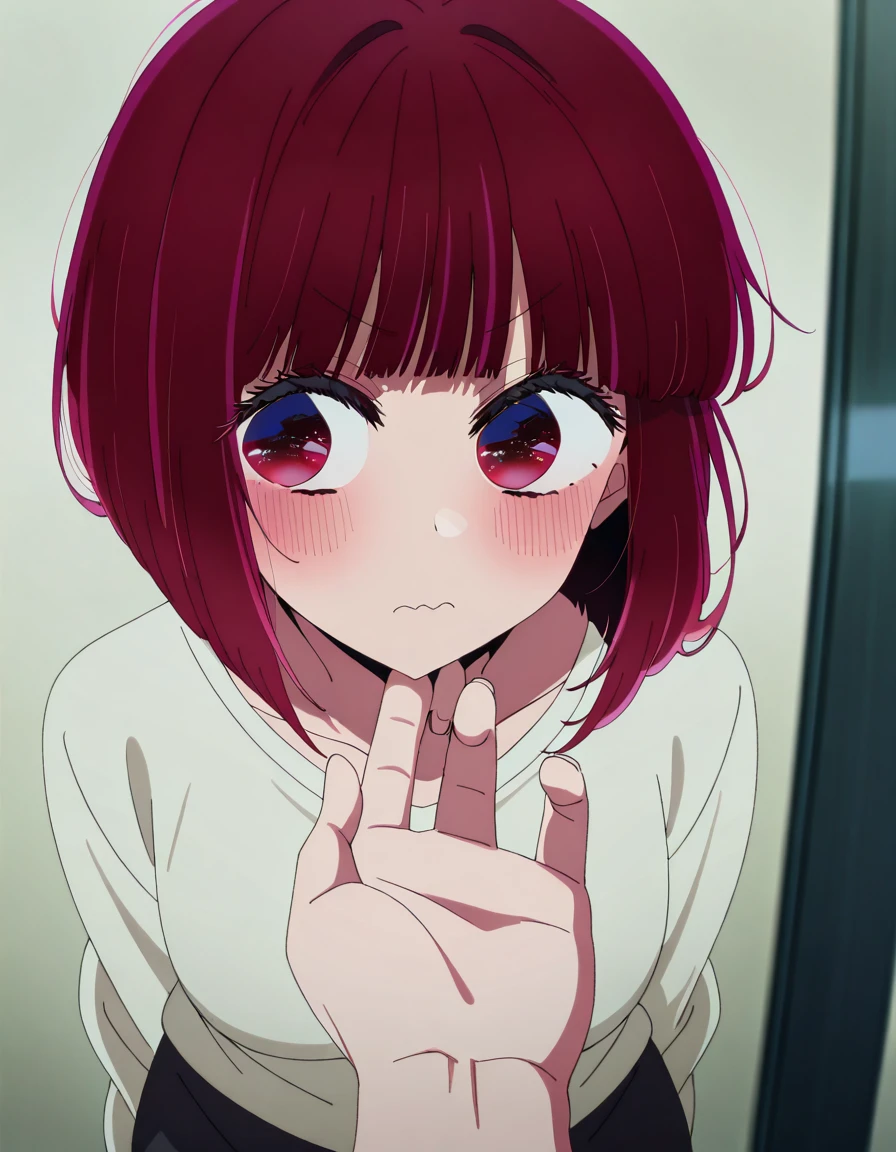 masterpiece, best quality, amazing quality,, <lora:kana-arima-s1-illustriousxl-lora-nochekaiser:1>, kana arima, arima kana, short hair, bangs, red eyes, red hair, bob cut, mature female, small breasts, anime screencap,, <lora:stroking-anothers-chin-pov-illustriousxl-lora-nochekaiser:1>, stroking another's chin pov, stronking another's chin, pov, pov hands, blush, cowboy shot, looking to the side,, , ,