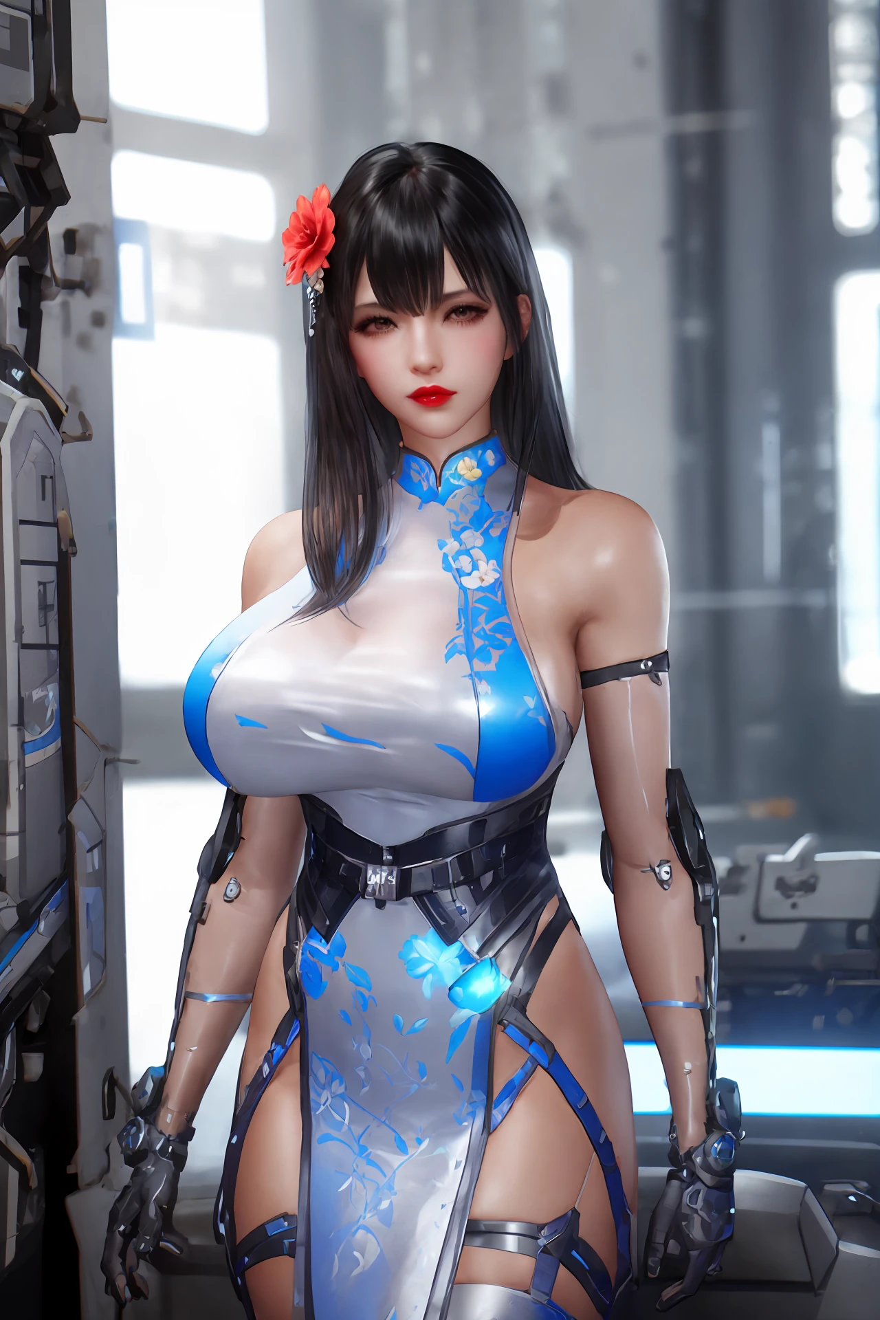 Eve wearing Chun Li's costume, Stellar Blade, large breast, thick thighs, curvy body,1girl,solo,heavy makeup,cute,earrings,ring braid,(lewd smile:1.1),holding mechanical sword,ponytail,idol,hooker, Chun Li's uniform,(battleground:1.1),