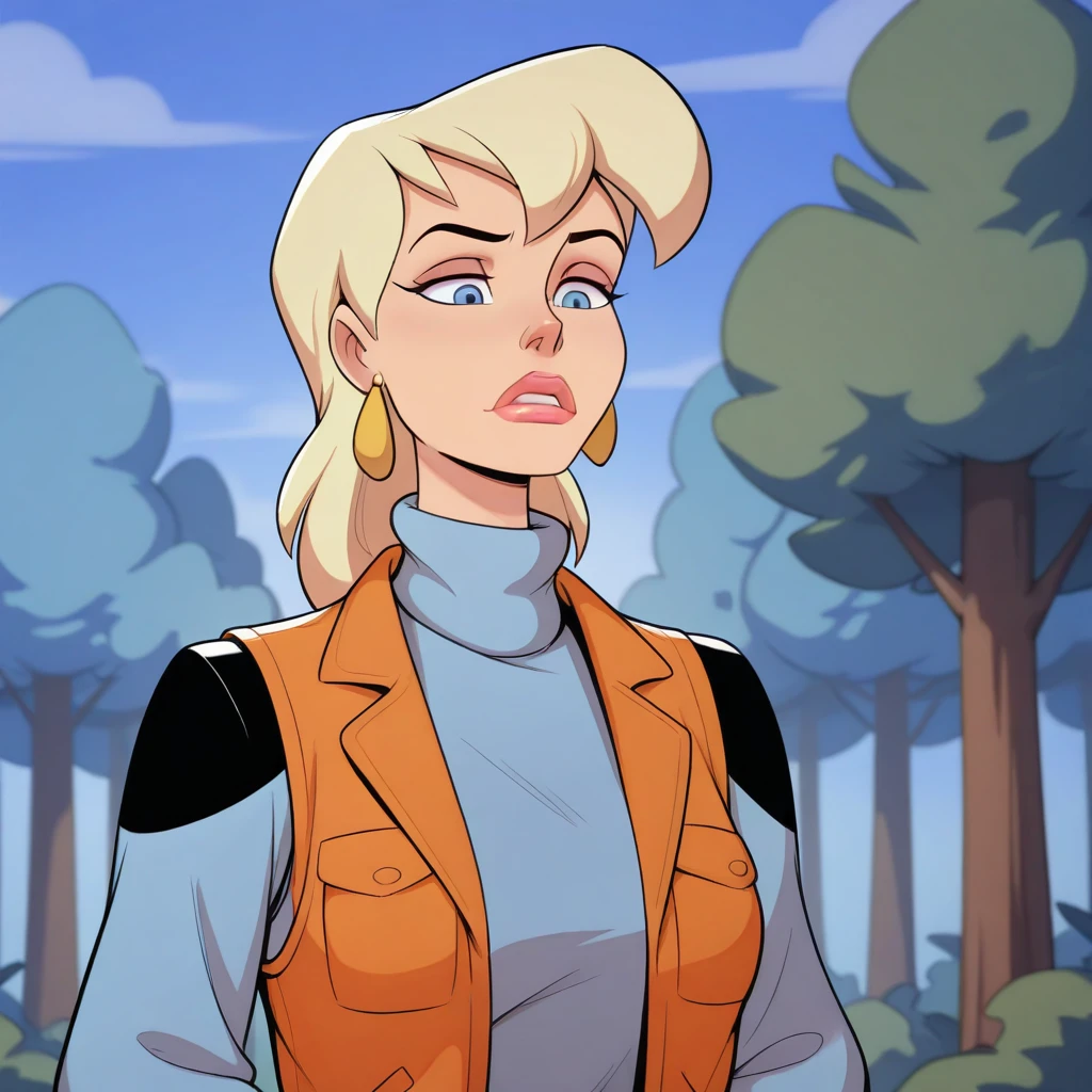 masterpiece, best quality, MaxMom, 1girl, solo, blonde hair, blue eyes, lipstick, earrings, blue turtleneck sweater, vest, upper body, <lora:MaxMom_MightyMax_illustrious_Leaf1:1>, blue sky, forest,