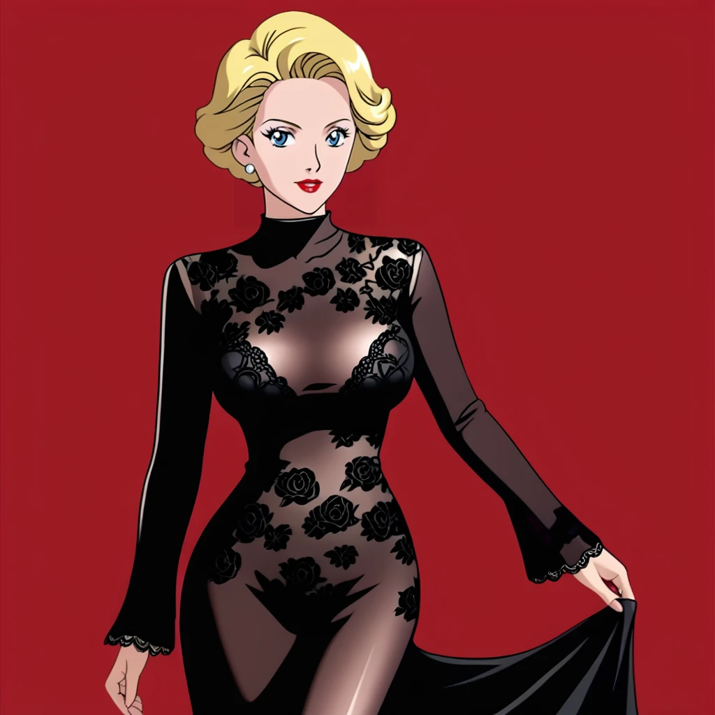 <lora:MirandaCurtis_pony_v1:1> MirandaCurtis, 1girl, solo, blonde hair, large breasts, lipstick, short hair, makeup, blue eyes, mature female, cowboy shot,  <lora:1013 Home wear 30_v1_pony:1> ruanyi1013,black dress,floral print,long dress,long sleeves,see-through dress,skin tight,lace