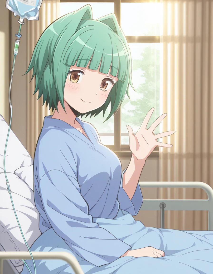 masterpiece, best quality, amazing quality,, <lora:kaede-kayano-s1s2-illustriousxl-lora-nochekaiser:1>, kaede kayano, short hair, bangs, brown eyes, yellow eyes, green hair, hair intakes, mature female, medium breasts, anime screencap,, <lora:hospital-bed-illustriousxl-lora-nochekaiser:1>, hospital bed, looking at viewer, blush, smile, indoors, pillow, window, bed, on bed, sunlight, curtains, intravenous drip, hand up, waving, sitting, from side, under covers, blanket, ,