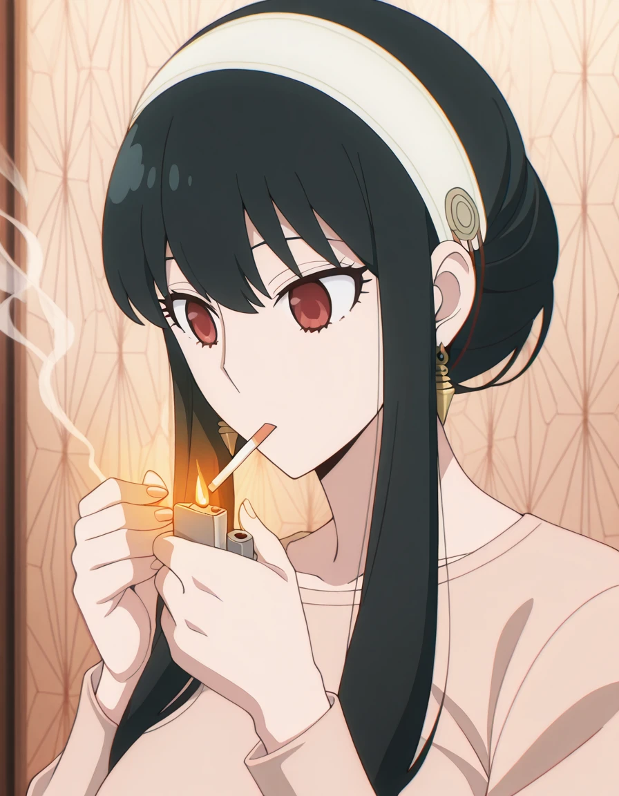 masterpiece, best quality, amazing quality,, <lora:yor-briar-s1-illustriousxl-lora-nochekaiser:1>, yor briar, black hair, red eyes, earrings, white hairband, hairband, long hair, sidelocks, mature female, breasts, anime screencap,, <lora:lighting-cigarette-illustriousxl-lora-nochekaiser:1>, lighting cigarette, lighter, holding lighter, cigarette, smoking, fire, smoke, holding, upper body, straight-on,, , ,