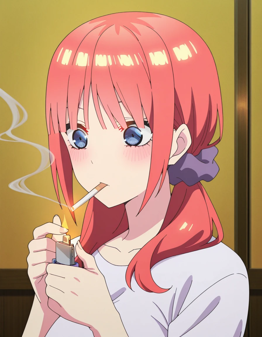 masterpiece, best quality, amazing quality,, <lora:nino-nakano-honeymoon-illustriousxl-lora-nochekaiser:1>, nino nakano, bangs, blue eyes, hair ornament, twintails, pink hair, blunt bangs, medium hair, scrunchie, eyebrows hidden by hair, purple scrunchie, mature female, breasts, anime screencap, <lora:lighting-cigarette-illustriousxl-lora-nochekaiser:1>, lighting cigarette, lighter, holding lighter, cigarette, smoking, fire, smoke, holding,, , ,