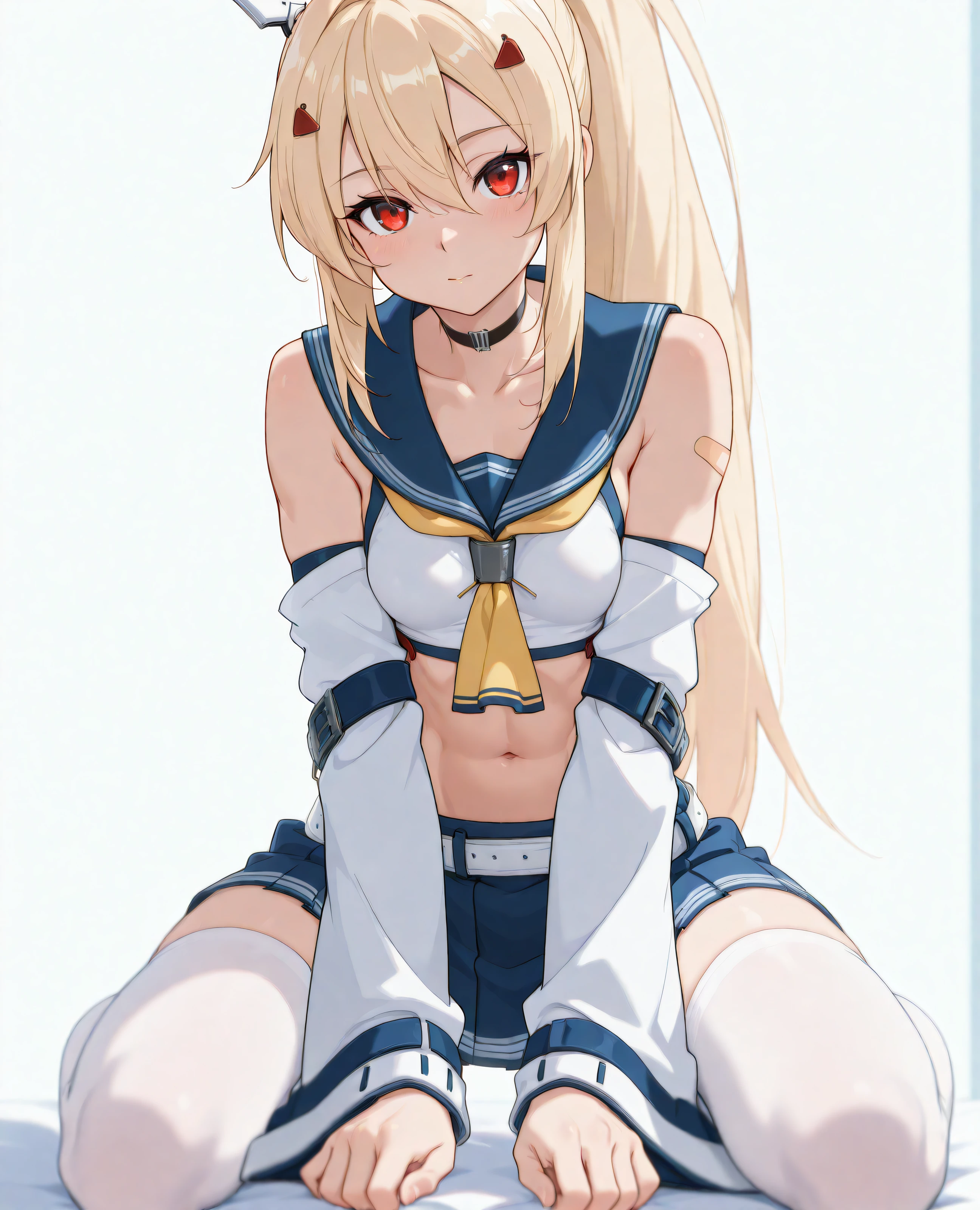Highest quality, masterpiece, High resolution, 1 Girl,  (Yuudachi Kai Ni 　Kantai Collection:1.15), Long Hair, Blonde, Red eyes, ribbon, smile, Black Sailor Suit, Pleated skirt, Classroom Background, Slender body, Full body portrait, Skirt flip, (White panties), Squat, (Spread your legs),