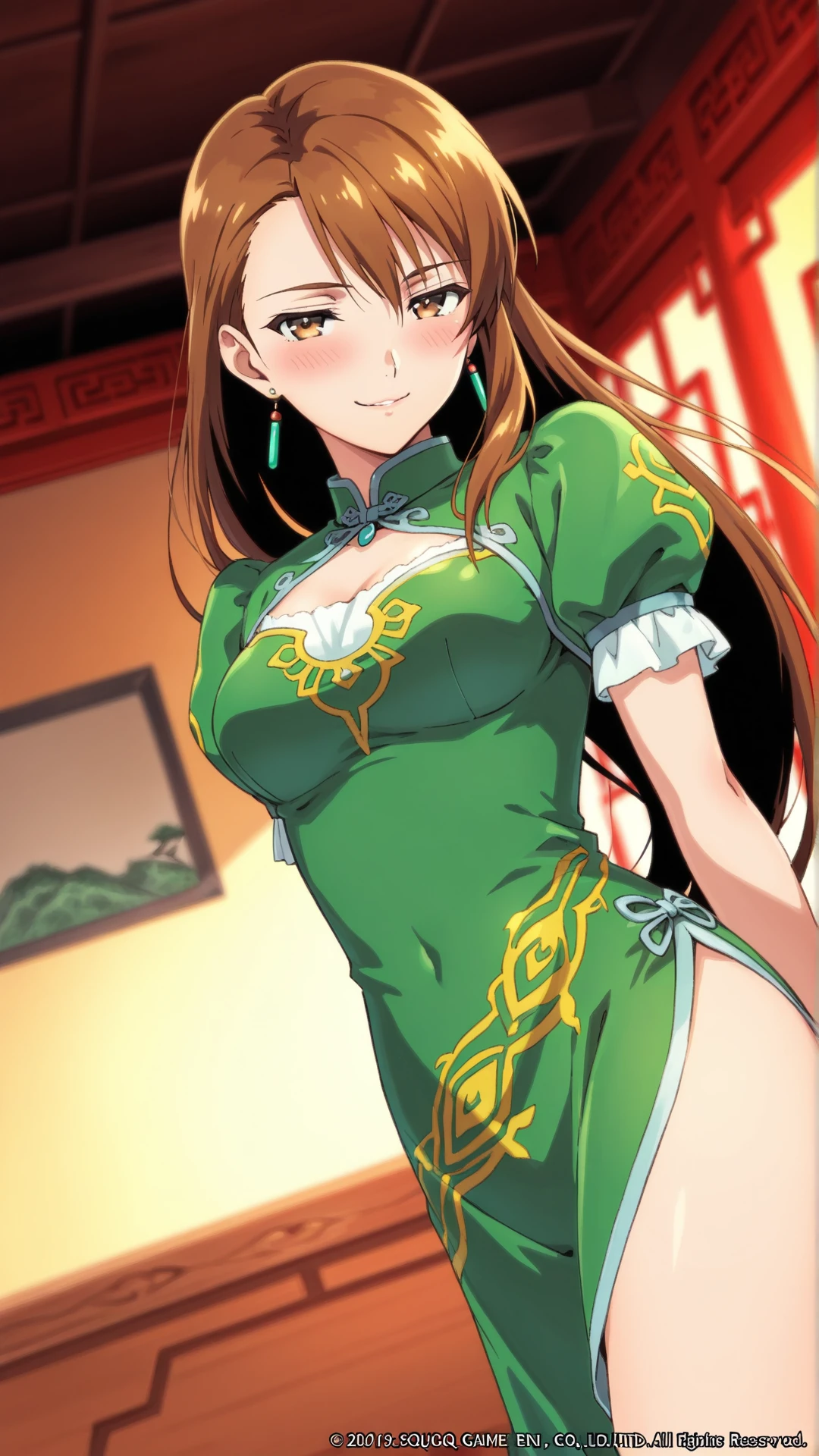 1980s, Retro,pc80,NSFW,Gold and green cheongsam with slits,One Woman, 27 years old, 28 years old, whole body,Full Art,Big Breasts,blush,Troubled expression,Cute Liane, Chignon Cap,Chinese Taste,Brown Hair,Long Hair,Green eyes,Jade hairpin,Skirt flipped up by the wind,penis toy,pussy juice,Open pussy
