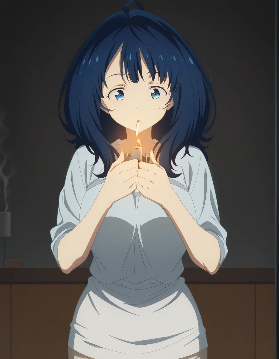 masterpiece, best quality, amazing quality,, <lora:anna-yanami-s1-illustriousxl-lora-nochekaiser:1>, anna yanami, yanami anna, medium hair, blue eyes, ahoge, blue hair, mature female, breasts, anime screencap, <lora:lighting-cigarette-illustriousxl-lora-nochekaiser:1>, lighting cigarette, lighter, holding lighter, cigarette, smoking, fire, smoke, holding, cowboy shot, straight-on, , ,