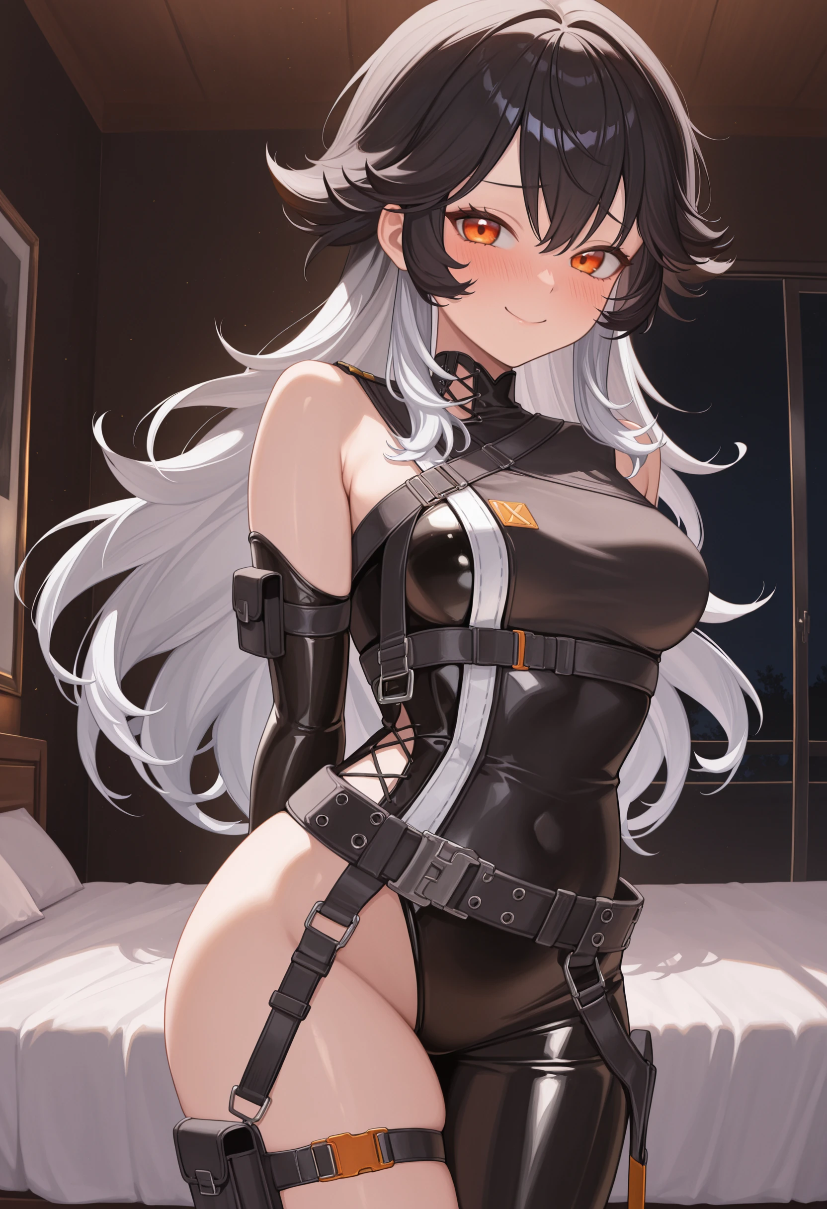 tmasterpiece,best qualityer,A high resolution,SH1,Gray hair and long hair,mitts,Dark black tights,There is a white spider symbol on the chest,putting makeup on,standing on your feet,cow boy shot,(Tear clothes:1.2),(camel-toe, Vulvar shape:1.2),(Body parts, no extra limbs, precisely anatomy)