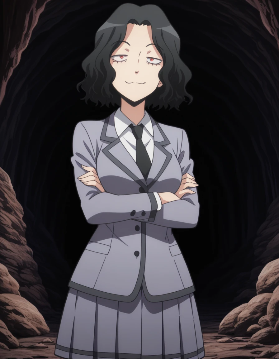 masterpiece, best quality, amazing quality,, <lora:kirara-hazama-s1s2-illustriousxl-lora-nochekaiser:1>, kirara hazama, short hair, wavy hair, black hair, red eyes, mature female, medium breasts, anime screencap, blazer, grey blazer, skirt, pleated skirt, necktie, grey skirt, black necktie, white shirt, collared shirt, long sleeves,, crossed arms, smug, cave, darkness, rocks, underground, stalactites, cowboy shot, solo, looking at viewer,