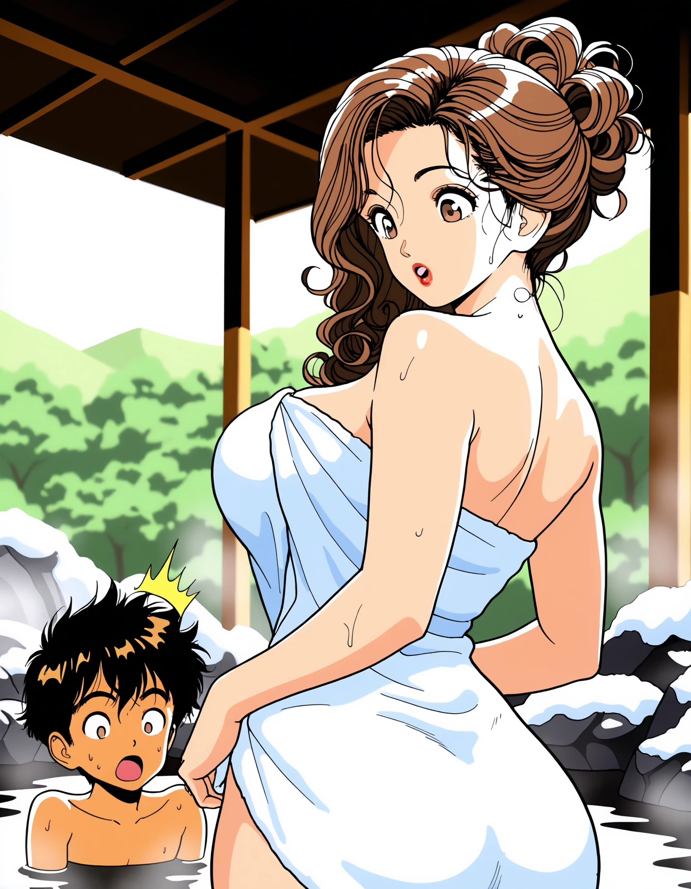 <lora:uj90s_ill_v4:1> uj90s, 
1girl, brown eyes, red lips, brown hair, long hair, wavy hair, curly hair, asymmetrical hair, large breasts, wide hips, mature female, tall female, skinny, wet, hair up, towel,
open mouth, looking back, looking down, from behind, 
pulling towel, taking off towel,
1boy, surprised, 
onsen, outdoor, (daytime:1.2),
general, masterpiece, best quality, 
scenery, volumetric lighting, perfect lighting, depth of field,
