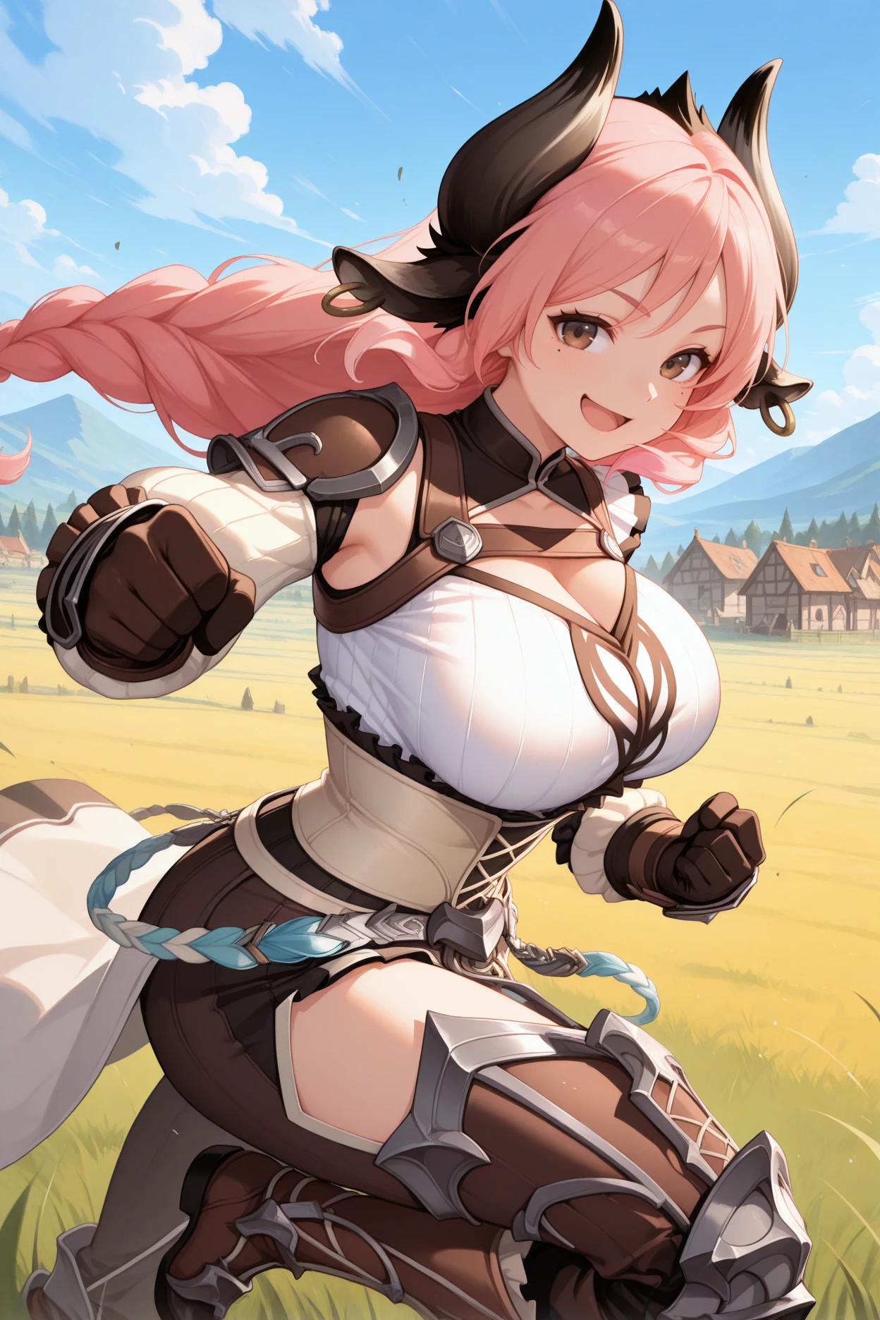 anime girl, long hair, pink hair, blue eyes, pink dress armor, smiling, sword and shield, big breasts, boots
