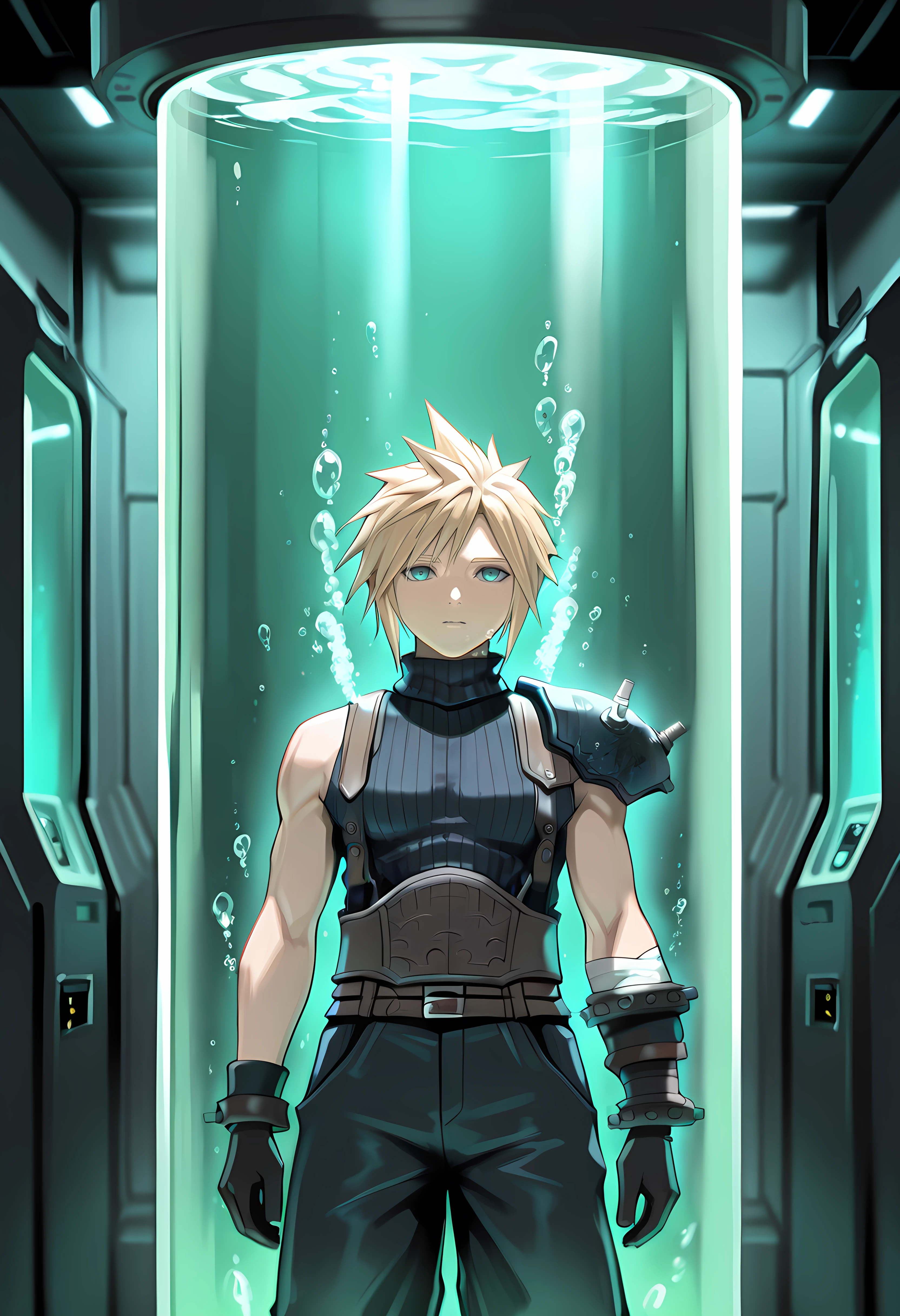 Masterpiece, newest, perfect quality, best quality, t4nk, submerged, stasis tank, air bubble, cloud strife, cowboy shot, broken glass