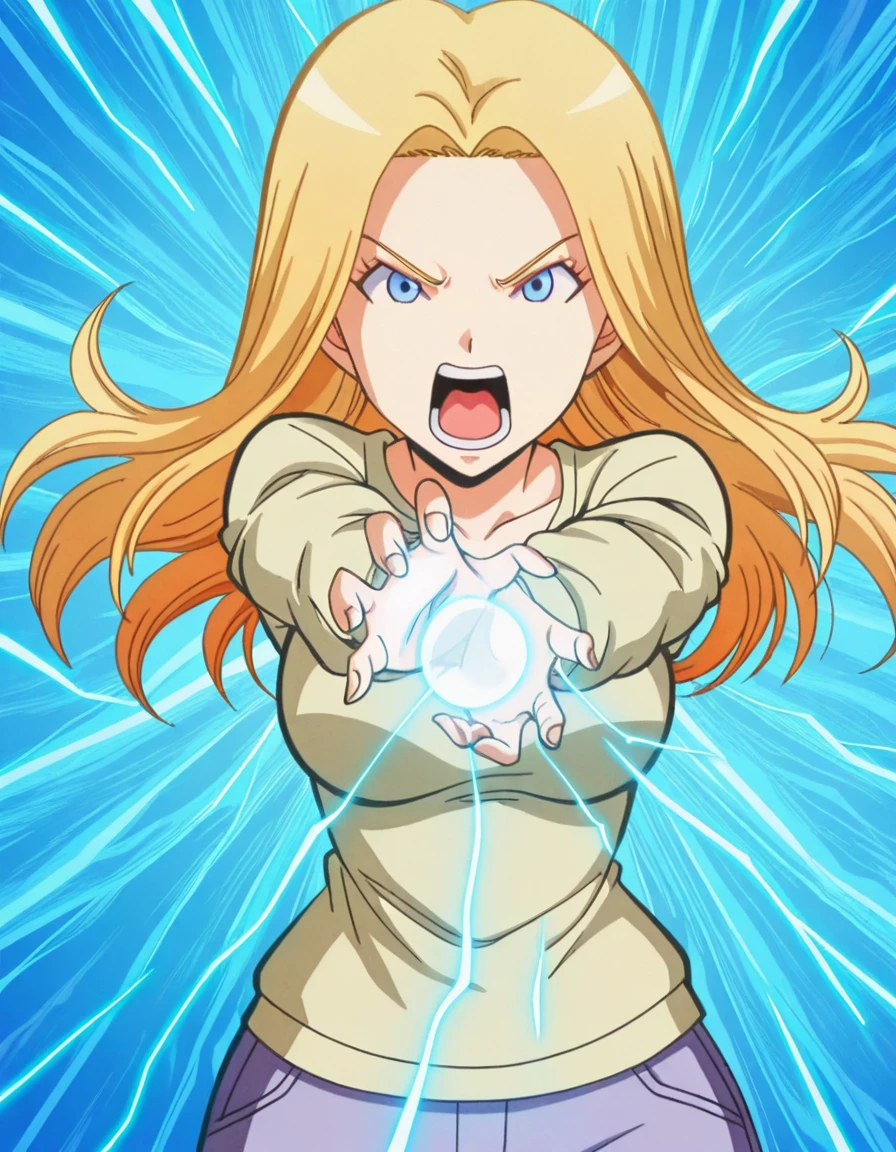 masterpiece, best quality, amazing quality,, <lora:rio-nakamura-s1s2-illustriousxl-lora-nochekaiser:1>, rio nakamura, long hair, blue eyes, blonde hair, mature female, medium breasts, anime screencap,, <lora:kamehameha-illustriousxl-lora-nochekaiser:1>, kamehameha, kamehameha (dragon ball), open mouth, outstrecthed arms, torn clothes, shouting, energy, energy beam, energy ball, electricity,, ,