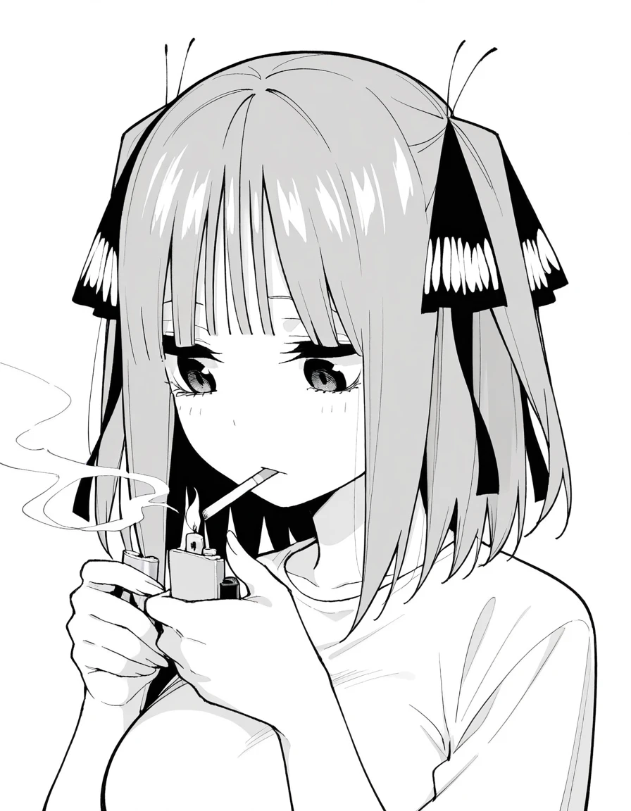 masterpiece, best quality, amazing quality,, <lora:nino-nakano-manga-illustriousxl-lora-nochekaiser:1>, nino nakano, nakano nino, short hair, bangs, hair ornament, hair ribbon, blunt bangs, two side up, butterfly hair ornament, monochrome, greyscale, mature female, breasts, <lora:lighting-cigarette-illustriousxl-lora-nochekaiser:1>, lighting cigarette, lighter, holding lighter, cigarette, smoking, fire, smoke, holding, upper body, straight-on,, , ,