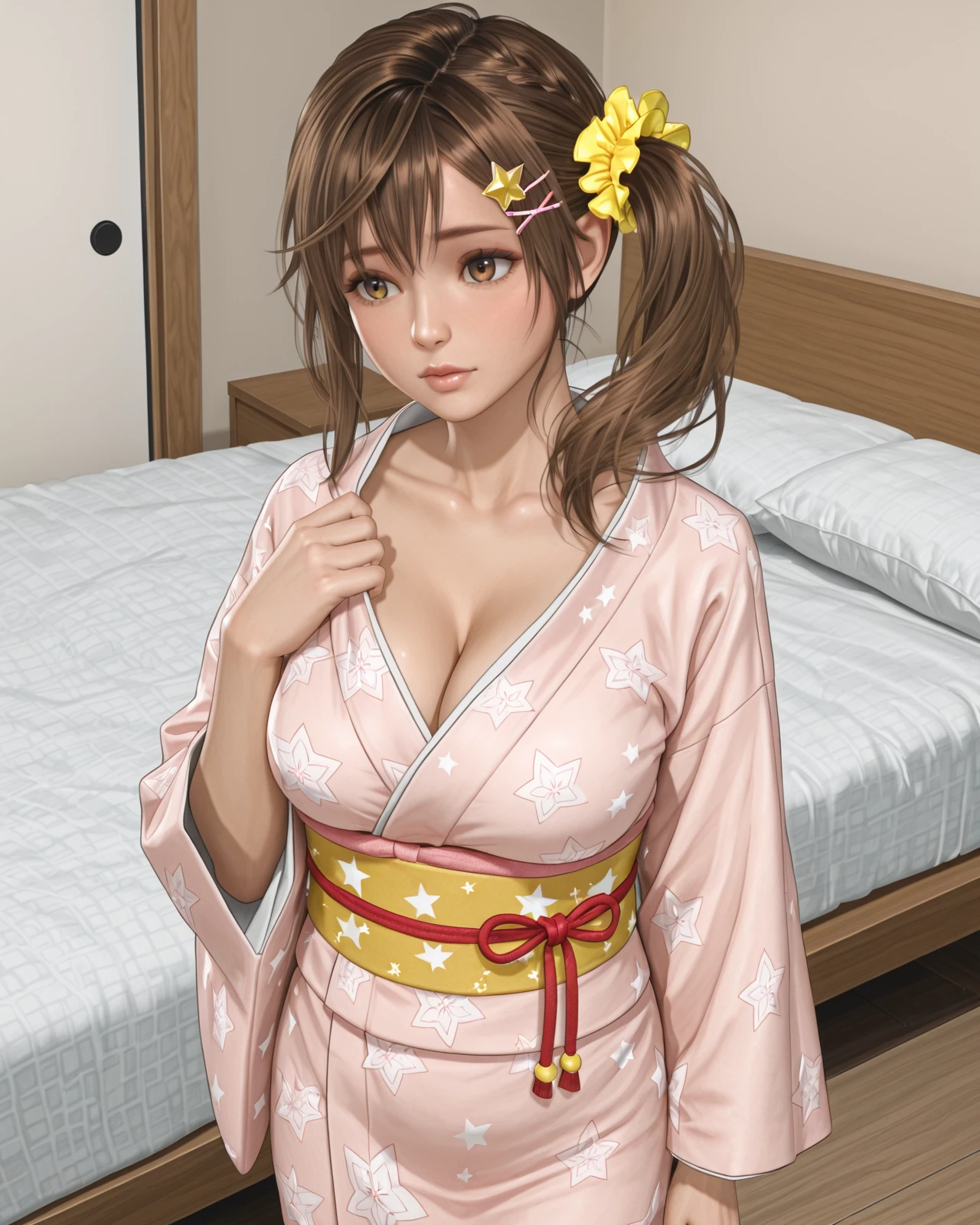 masterpiece,8k, (Highest quality), (Best Shadow), Dynamic Lighting, ((((night)))),(((god々Forest))),(((moonlight))),(flower),(Maximum resolution: 1.2), (smile),Highly detailed face and skin texture, Delicate eyes, Blue-gray eyes, double eyelid, Natural Cheeks, White skin: 1.2, (Glossy Lips: 1.4),(pretty girl:1.3), (Wavy long hair), (Light brown hair),((Cute pink yukata)),large breasts,((Japanese-style room)),(Sitting),((Her chest is exposed))