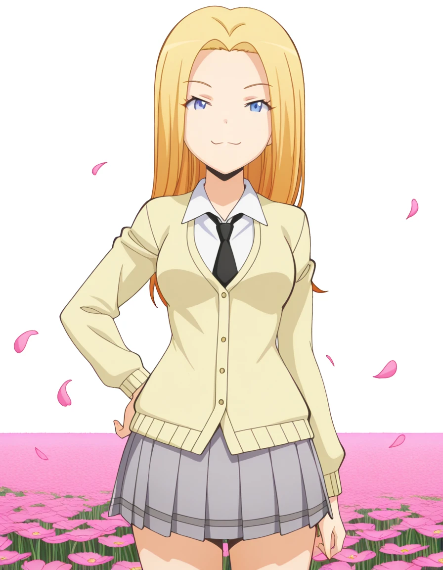 masterpiece, best quality, amazing quality,, <lora:rio-nakamura-s1s2-illustriousxl-lora-nochekaiser:1>, rio nakamura, long hair, blue eyes, blonde hair, mature female, medium breasts, anime screencap,, cardigan, yellow cardigan, skirt, pleated skirt, necktie, grey skirt, black necktie, white shirt, collared shirt, long sleeves,, smug, flower field, colorful, petals, scent, bloom, cowboy shot, solo, looking at viewer, <lora:transparent-background-illustriousxl-lora-nochekaiser:1>, transparent background, simple background, white background