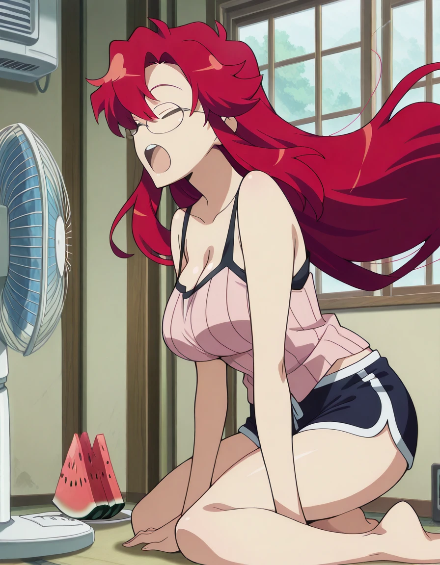 masterpiece, best quality, amazing quality,, <lora:yoko-littner-s1-illustriousxl-lora-nochekaiser:1>, yoko littner, long hair, red hair, glasses, hair down, mature female, breasts, anime screencap, <lora:cooling-down-in-front-of-electric-fan-illustriousxl-lora-nochekaiser:1>, cooling down in front of electric fan, open mouth, cleavage, sitting, closed eyes, food, shorts, barefoot, indoors, short shorts, window, kneeling, fruit, tank top, wind, watermelon, dolphin shorts, electric fan, air conditioner,, , ,