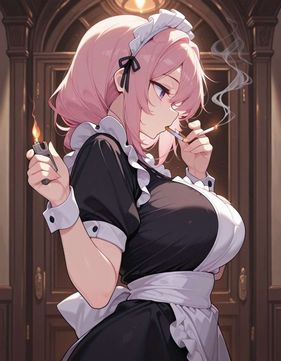masterpiece, best quality, amazing quality,, <lora:CivChan:1>, CivChan, purple eyes, pink hair, mature female, breasts, maid headdress,, <lora:lighting-cigarette-illustriousxl-lora-nochekaiser:1>, lighting cigarette, lighter, holding lighter, cigarette, smoking, fire, smoke, holding, cowboy shot, from side, , ,