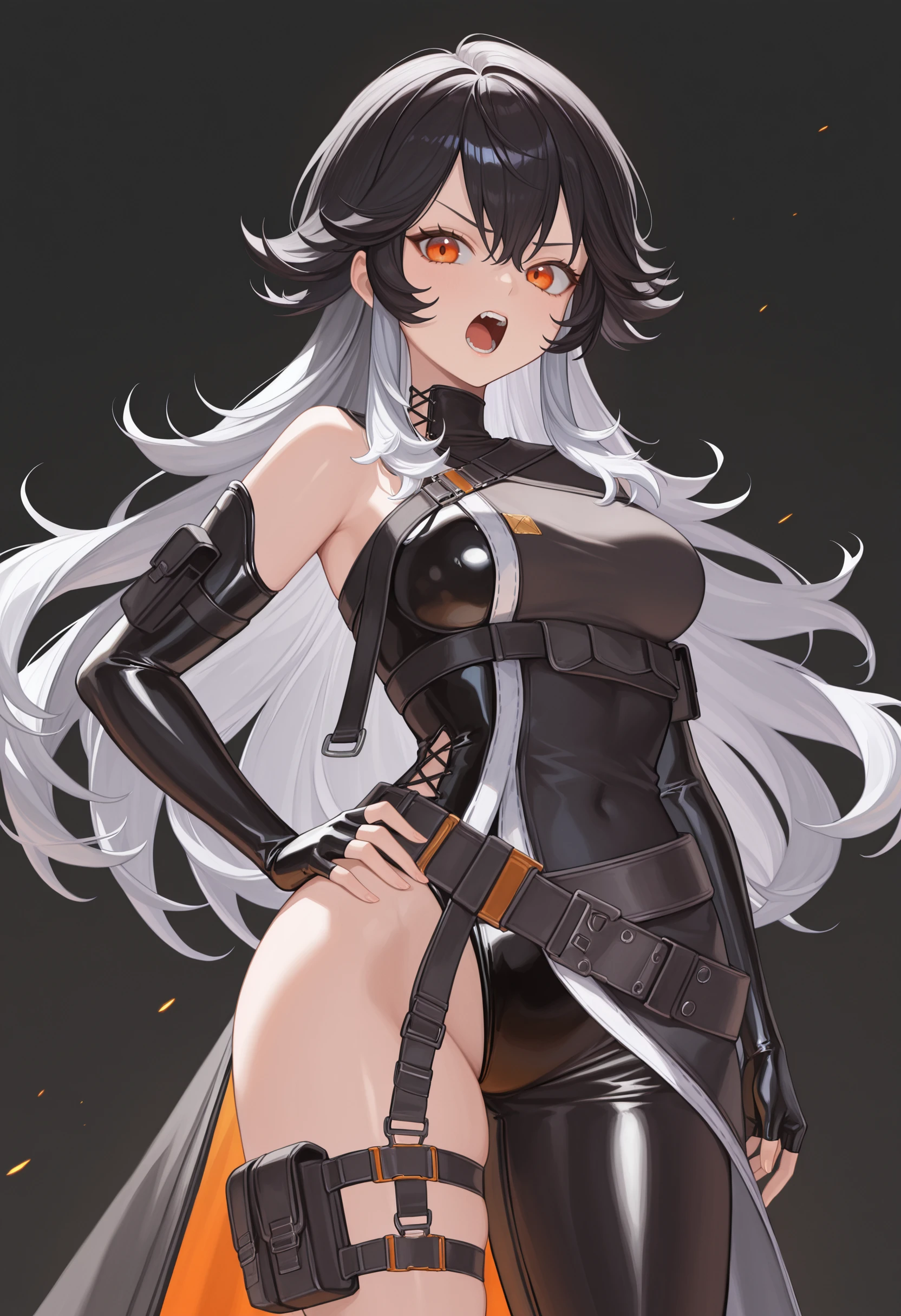 Adult woman, Long black hair, Fox ears, yellow and red eyes, Fox tails, Combat uniform, Smile, Masterpiece, hiquality