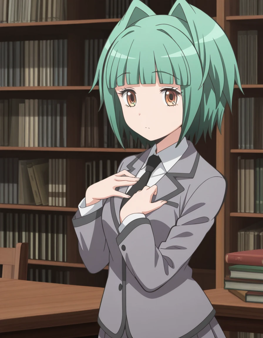 masterpiece, best quality, amazing quality,, <lora:kaede-kayano-s1s2-illustriousxl-lora-nochekaiser:1>, kaede kayano, short hair, bangs, brown eyes, yellow eyes, green hair, hair intakes, mature female, medium breasts, anime screencap,, blazer, grey blazer, pleated skirt, necktie, grey skirt, black necktie, white shirt, collared shirt, long sleeves,, hands on own chest,, library, shelves, books, tables, quiet, cowboy shot, solo, looking at viewer,