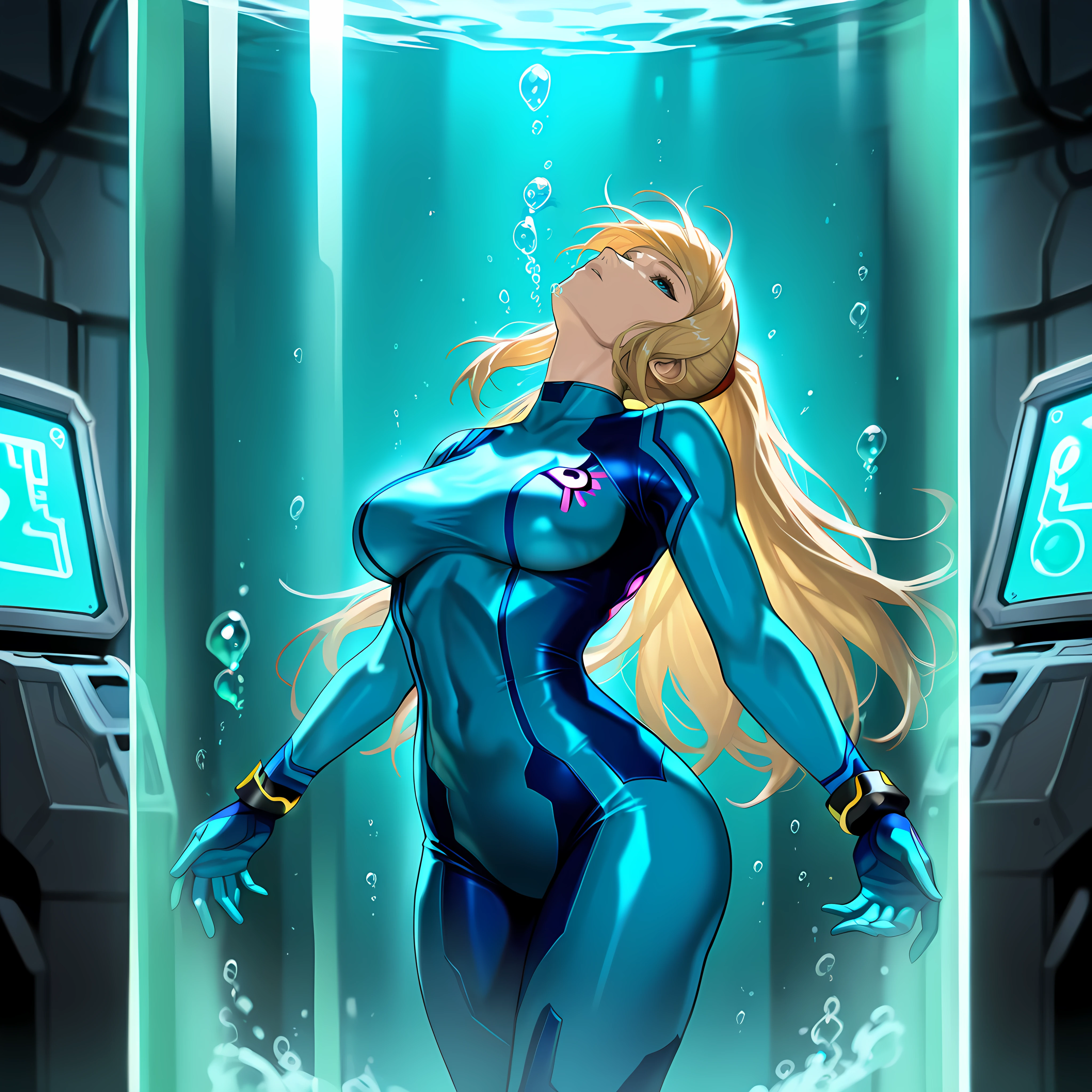 Masterpiece, newest, perfect quality, best quality, t4nk, submerged, stasis tank, air bubble, solo, cowboy shot, samus aran, blue bodysuit, floating, arms out, head back, monitors