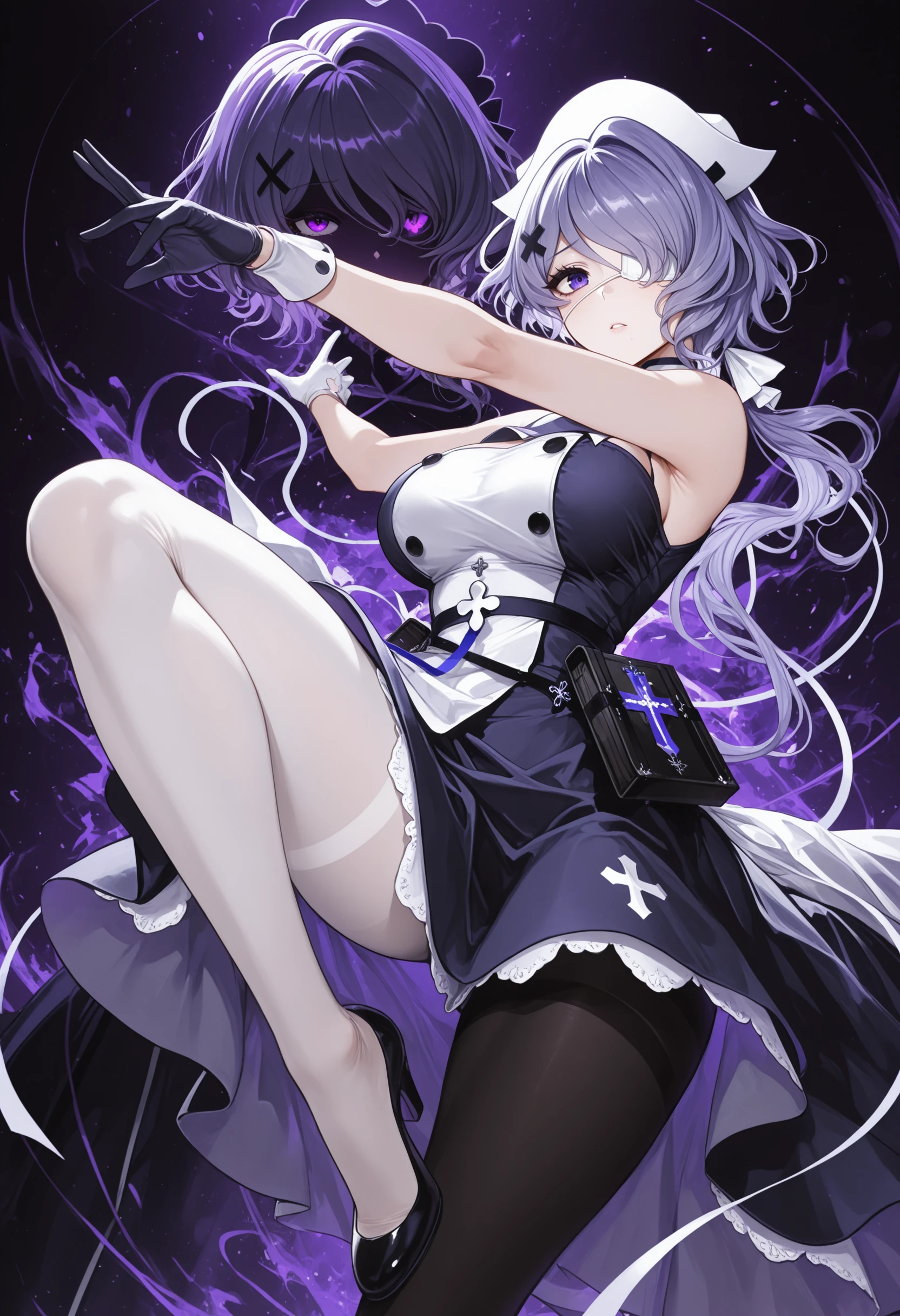 Anime girl sitting on a chair with a knife and a bow tie, surreal , chiaki nanami from danganronpa, High resolution!!, thighs!!!, by Kose Kanaoka, by Kamisaka Sekka, misato katsuragi, by Shinoda Toko, thighs!!!!!!, 2b, 2b