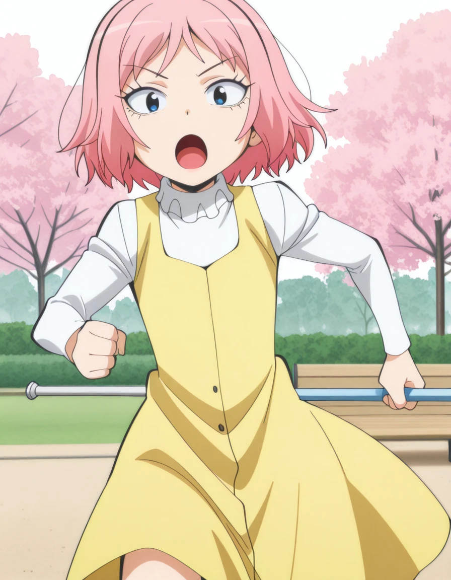 masterpiece, best quality, amazing quality,, <lora:sakura-kiyashiki-s1s2-illustriousxl-lora-nochekaiser:1>, sakura kiyashiki, short hair, pink hair, blue eyes, anime screencap,, dress, yellow dress, long sleeves,, <lora:dynamic-pose-illustriousxl-lora-nochekaiser:1>, dynamic pose, holding weapon, weapon, holding, cowboy shot, park, cherry blossoms, bench, gentle breeze, peaceful, running, open mouth, cowboy shot, solo, looking at viewer, <lora:transparent-background-illustriousxl-lora-nochekaiser:1>, transparent background, simple background, white background