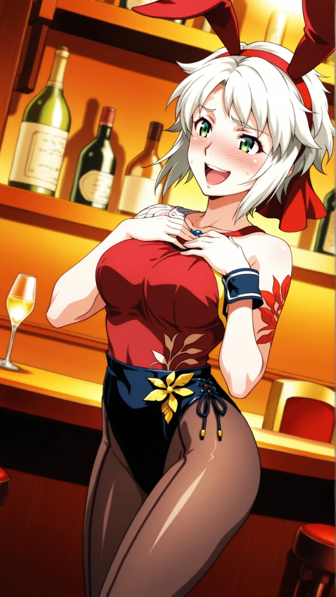 masterpiece, best quality, (1 girl), solo, wide hips, (small breasts), slutty grin, young girl, wide hips, japanese village, nighttime, detailed eyes, blonde, elegant hair, open mouth, ((wearing a slutty geisha outfit)), ponytail, slutty, long hair, (hair over one eye), (hair covering one eye), curvy, nice hips, oiran, ((geisha)), off shoulder slutty kimono,