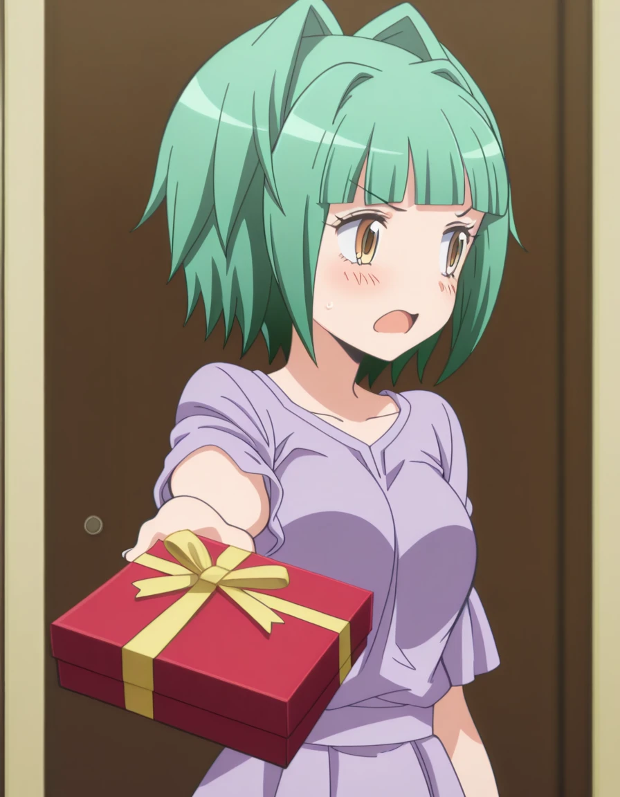 masterpiece, best quality, amazing quality,, <lora:kaede-kayano-s1s2-illustriousxl-lora-nochekaiser:1>, kaede kayano, short hair, bangs, brown eyes, yellow eyes, green hair, hair intakes, mature female, medium breasts, anime screencap,, <lora:tsundere-illustriousxl-lora-nochekaiser:1>, tsundere, giving, outstretched arm, gift, blush, open mouth, looking away, cowboy shot, ,