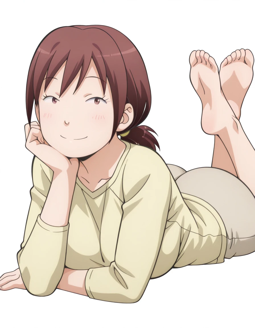 masterpiece, best quality, amazing quality,, <lora:sumire-hara-s1s2-illustriousxl-lora-nochekaiser:1>, sumire hara, brown hair, brown eyes, ponytail, short ponytail, mature female, breasts, anime screencap,, <lora:the-pose-illustriousxl-lora-nochekaiser:1>, the pose, on stomach, feet up, lying, soles, feet, legs up, head rest, barefoot, from side, looking at viewer, ass, smile, blush, sideboob, , <lora:transparent-background-illustriousxl-lora-nochekaiser:1>, transparent background, simple background, white background