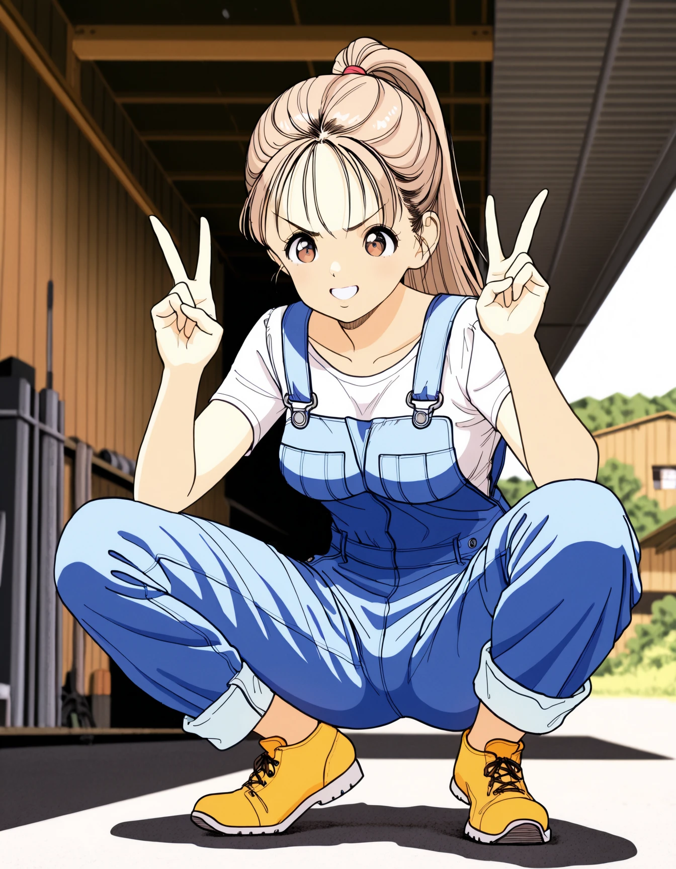 <lora:uj90s_ill_v4:1> uj90s,
1girl, solo, brown eyes, light brown hair, long hair, ponytail, medium breasts, dungarees, blue overalls,
smile, v-shaped eyebrows, squatting, double-v, spread legs,
outdoors, garage,
general, masterpiece, best quality,
scenery, volumetric lighting, perfect lighting, depth of field,