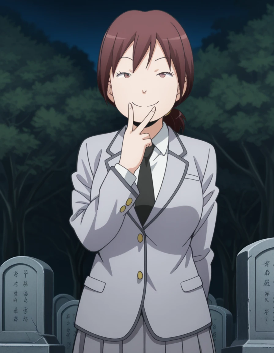 masterpiece, best quality, amazing quality,, <lora:sumire-hara-s1s2-illustriousxl-lora-nochekaiser:1>, sumire hara, brown hair, brown eyes, ponytail, short ponytail, mature female, breasts, anime screencap,, blazer, grey blazer, skirt, pleated skirt, necktie, grey skirt, black necktie, white shirt, collared shirt, long sleeves,, v, v over mouth, smug,, graveyard, tombstones, dark, trees, eerie, cowboy shot, solo, looking at viewer,