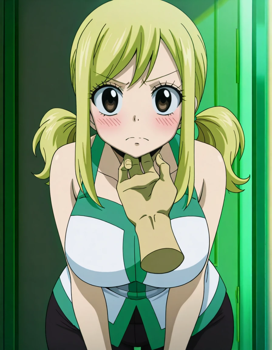 masterpiece, best quality, amazing quality,, <lora:lucy-heartfilia-s1s3s7-illustriousxl-lora-nochekaiser:1>, lucy heartfilia, twintails, low twintails, sidelocks, blonde hair, brown eyes, long hair, mature female, breasts, anime screencap, <lora:stroking-anothers-chin-pov-illustriousxl-lora-nochekaiser:1>, stroking another's chin pov, stronking another's chin, pov, pov hands, blush, cowboy shot, , ,
