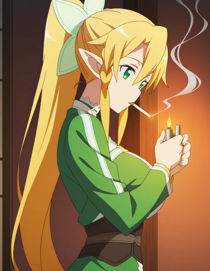 masterpiece, best quality, amazing quality,, <lora:suguha-kirigaya-s1-illustriousxl-lora-nochekaiser:1>, suguha kirigaya, leafa (sao), long hair, blonde hair, hair between eyes, green eyes, ponytail, braid, pointy ears, twin braids, mature female, breasts, anime screencap, <lora:lighting-cigarette-illustriousxl-lora-nochekaiser:1>, lighting cigarette, lighter, holding lighter, cigarette, smoking, fire, smoke, holding, cowboy shot, from side, , ,