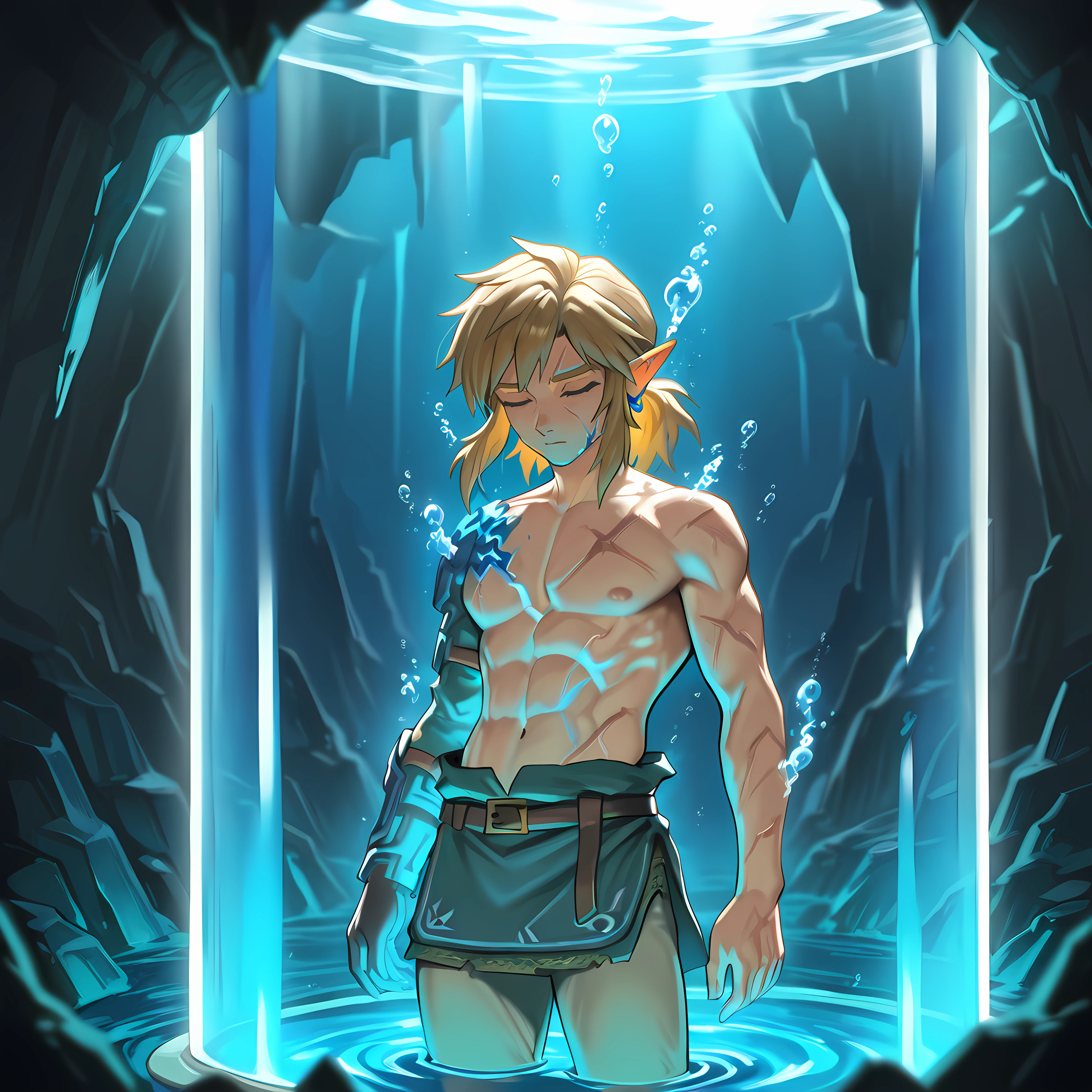 Masterpiece, newest, perfect quality, best quality, t4nk, submerged, stasis tank, air bubble, blue liquid, solo, cowboy shot, link, shirtless, scars, battle damage, stone cavern, cave, eyes closed