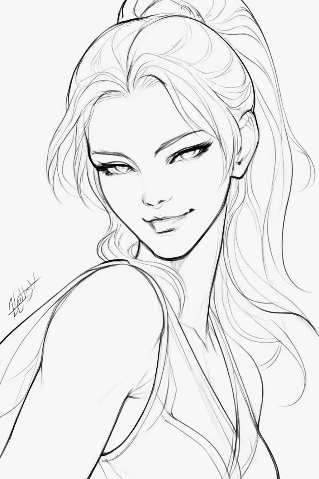 Coloring book for adults. Only black and white. low detail only main line. beautiful sensual nude and erotic woman with massive breasts. The breasts are not covered by anything. white background. white colors. full body view of blonde woman.