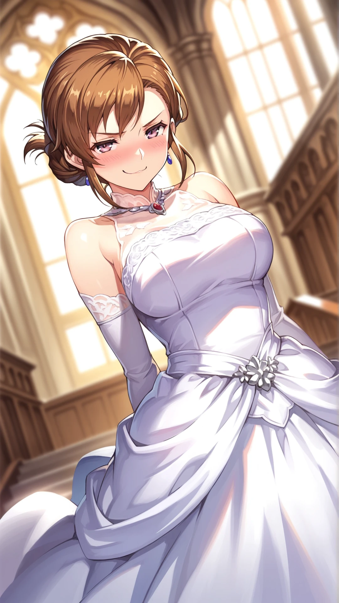 (1 person),(Best image quality, 8k, masterpiece:1.3),((Brown hair bob cut:1.1)),(Swept-apart bangs,Braiding), (Cute eyes, Dark Eyes), (Mole under right eye), (Slender), (Large Breasts),(Glowing Skin:1.1),(Pale skin:1.2),(Sweat),(A fantastic atmosphere),(look up),Ultra-high resolution, Textured skin, Sparkle Effect, Gazing at the audience,Wet body,

wedding,church,
White lace bra,White lace panties,bride,White garter belt,Holding a bouquet,happiness/joy, 
