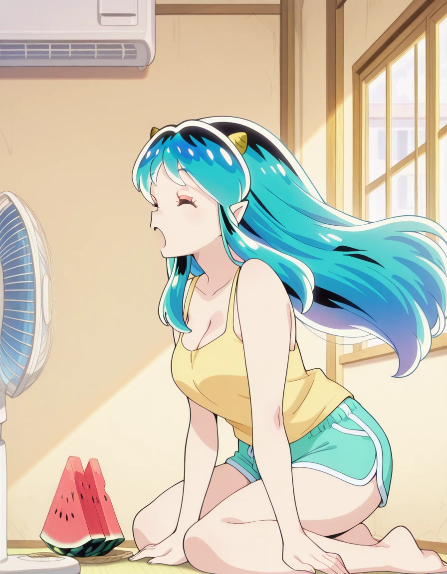 masterpiece, best quality, amazing quality,, <lora:urusei-yatsura-lum-s1-illustriousxl-lora-nochekaiser:1>, lum, long hair, bangs, blue hair, horns, pointy ears, aqua hair, oni horns, mature female, medium breasts, anime screencap, <lora:cooling-down-in-front-of-electric-fan-illustriousxl-lora-nochekaiser:1>, cooling down in front of electric fan, open mouth, cleavage, sitting, closed eyes, food, shorts, barefoot, indoors, short shorts, window, kneeling, fruit, tank top, wind, watermelon, dolphin shorts, electric fan, air conditioner,, , ,