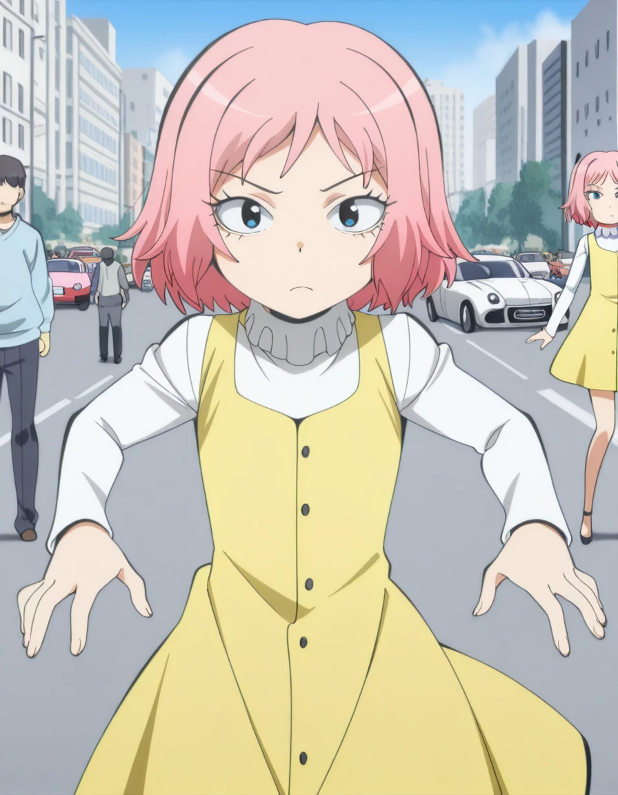 masterpiece, best quality, amazing quality,, <lora:sakura-kiyashiki-s1s2-illustriousxl-lora-nochekaiser:1>, sakura kiyashiki, short hair, pink hair, blue eyes, anime screencap,, dress, yellow dress, long sleeves,, <lora:dynamic-pose-illustriousxl-lora-nochekaiser:1>, dynamic pose, cowboy shot, street, cars, buildings, city, people, cowboy shot, solo, looking at viewer,