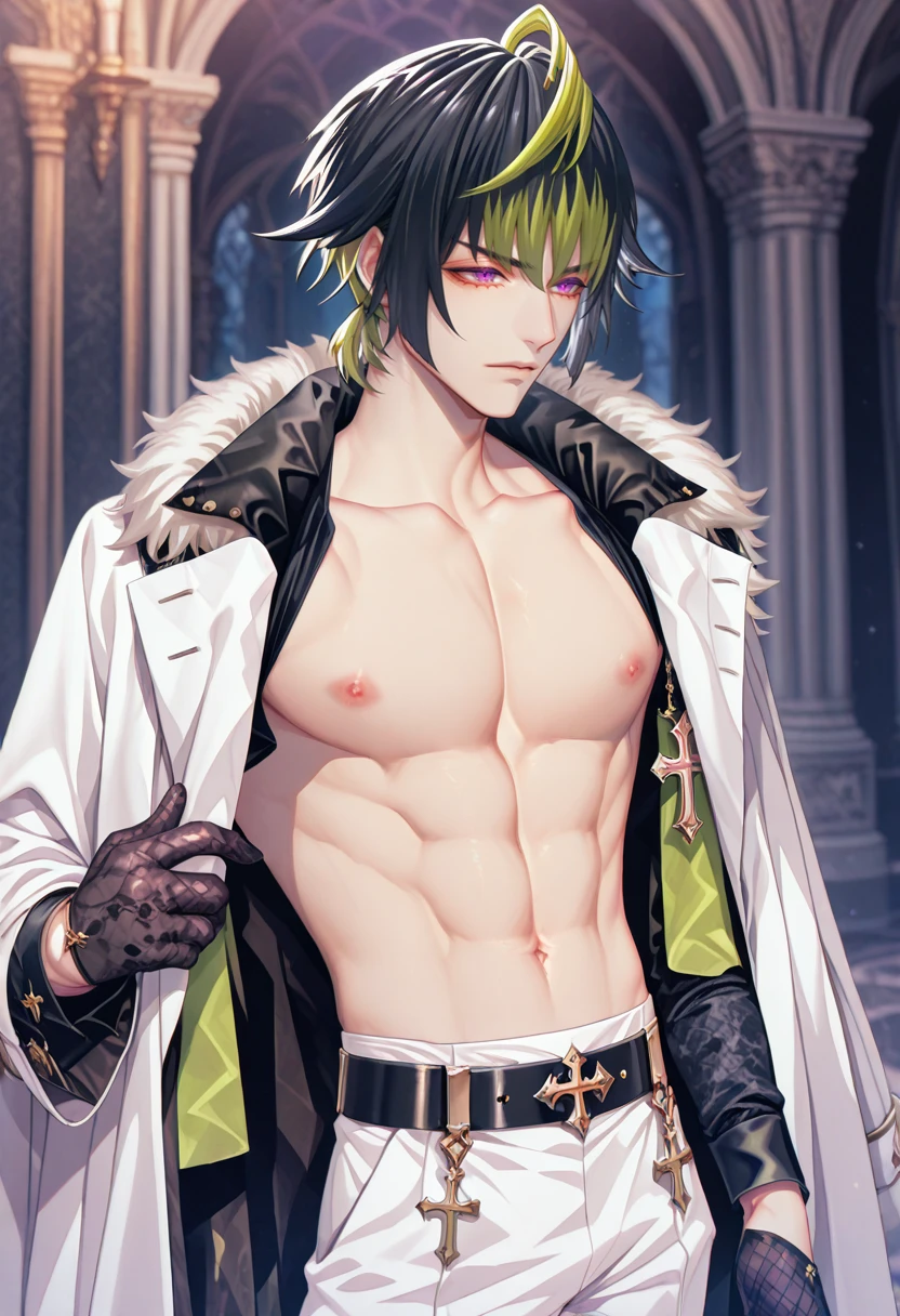 masterpiece, best quality, 1boy, male focus, blade \(honkai: star rail\), red eyes, bangs, hair bangs covered one eyes, (white sweater:1.2), portrait, indoors, bedroom, detailed face, detailed hands, full body. Small face, detailed fingers, Full body.