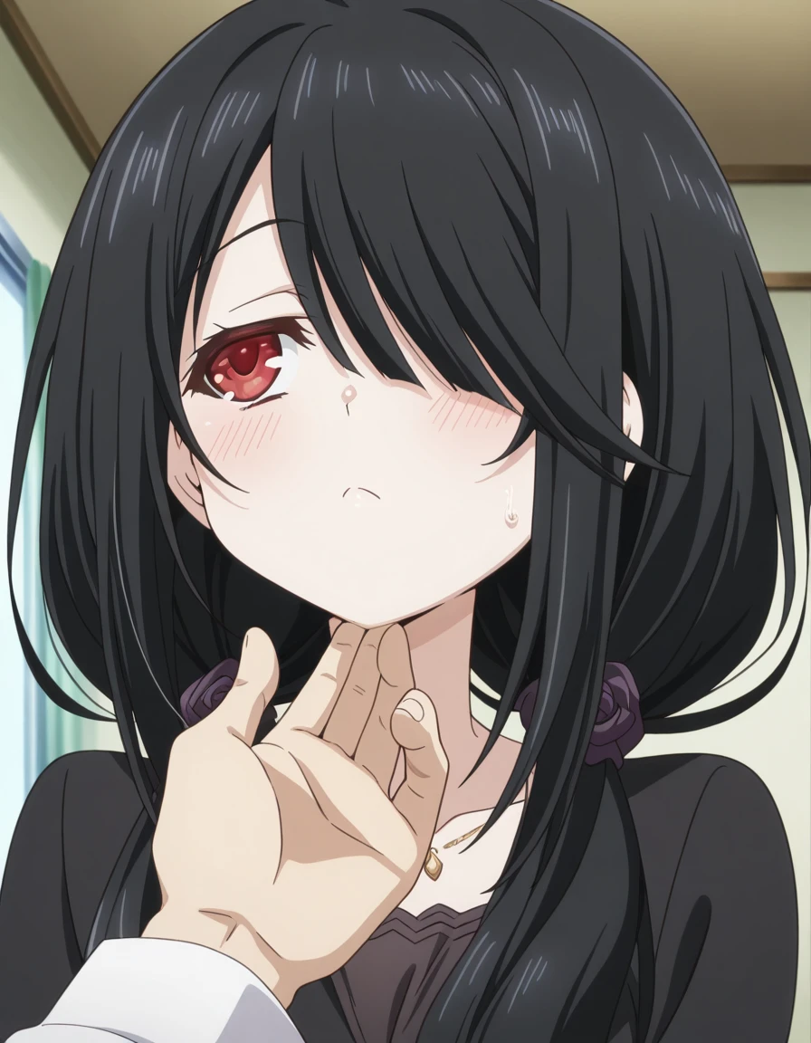 masterpiece, best quality, amazing quality,, <lora:kurumi-tokisaki-s2-illustriousxl-lora-nochekaiser:1>, kurumi tokisaki, black hair, red eyes, long hair, hair over one eye, twintails, low twintails, mature female, medium breasts, anime screencap, <lora:stroking-anothers-chin-pov-illustriousxl-lora-nochekaiser:1>, stroking another's chin pov, stronking another's chin, pov, pov hands, blush, cowboy shot, looking to the side,, , ,